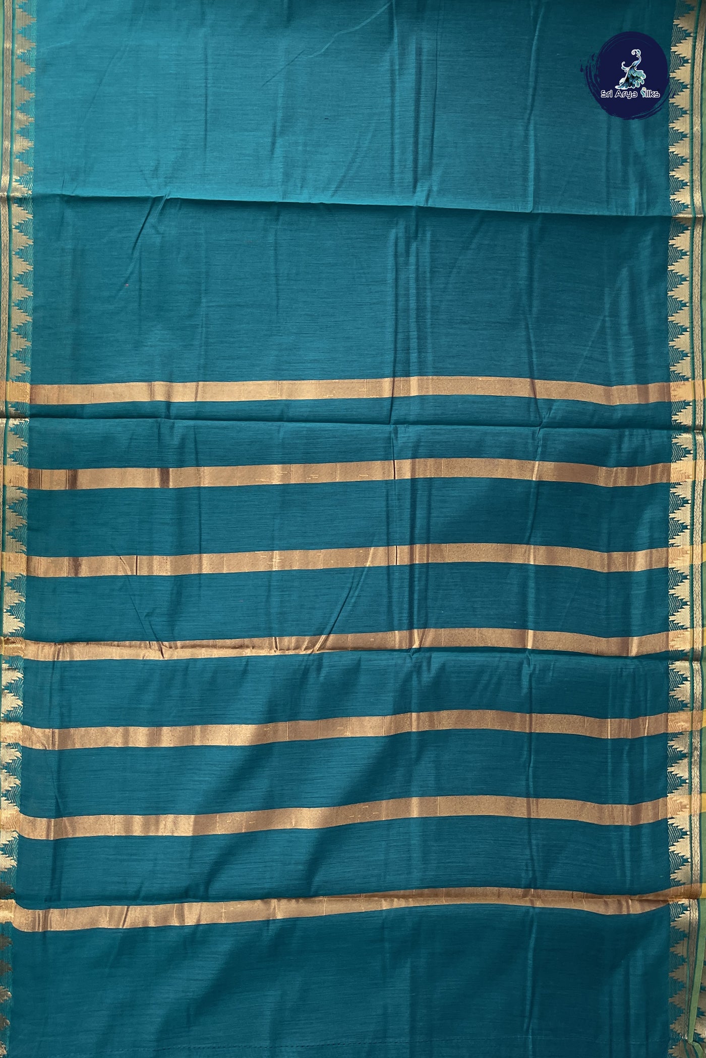 Sapphire Green Madisar Semi Silk Cotton Saree With Plain Pattern