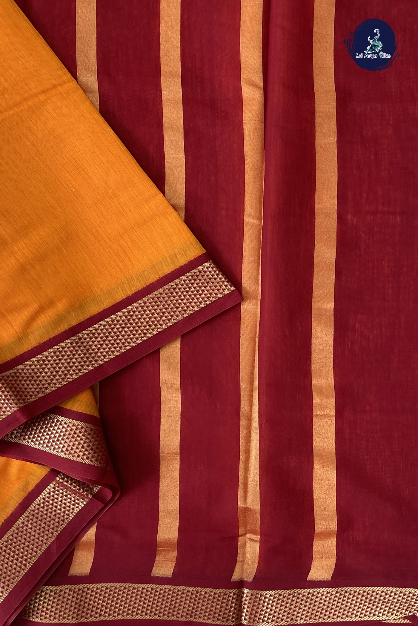 Yellowish Orange Madisar Semi Silk Cotton Saree With Plain Pattern