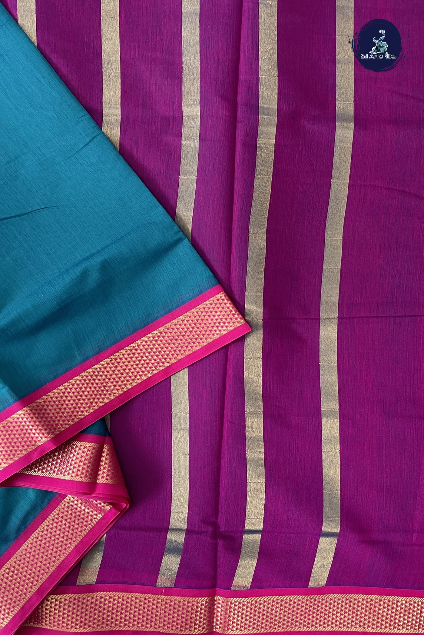 Sapphire Green Madisar Semi Silk Cotton Saree With Plain Pattern