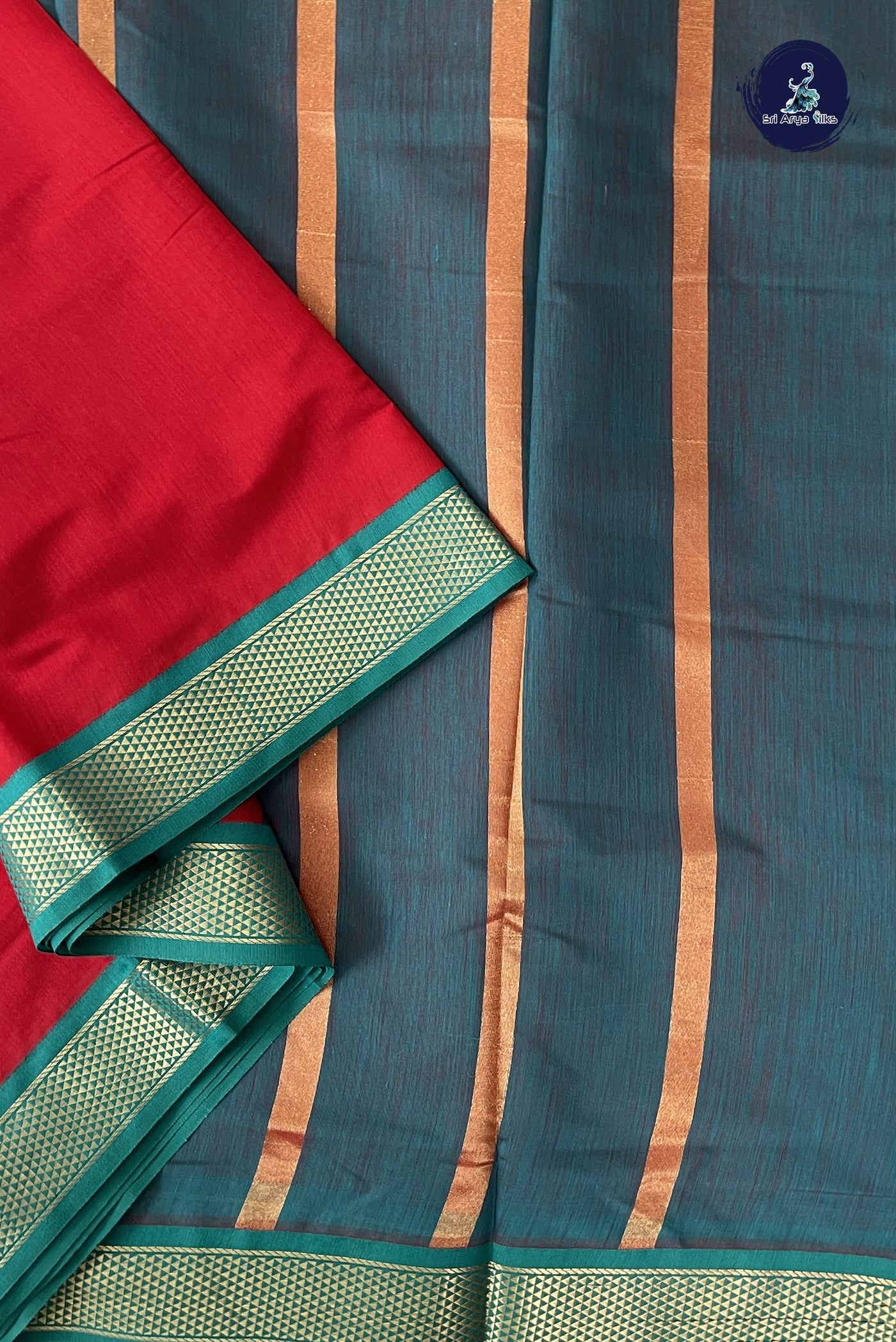 Red Madisar Semi Silk Cotton Saree With Plain Pattern