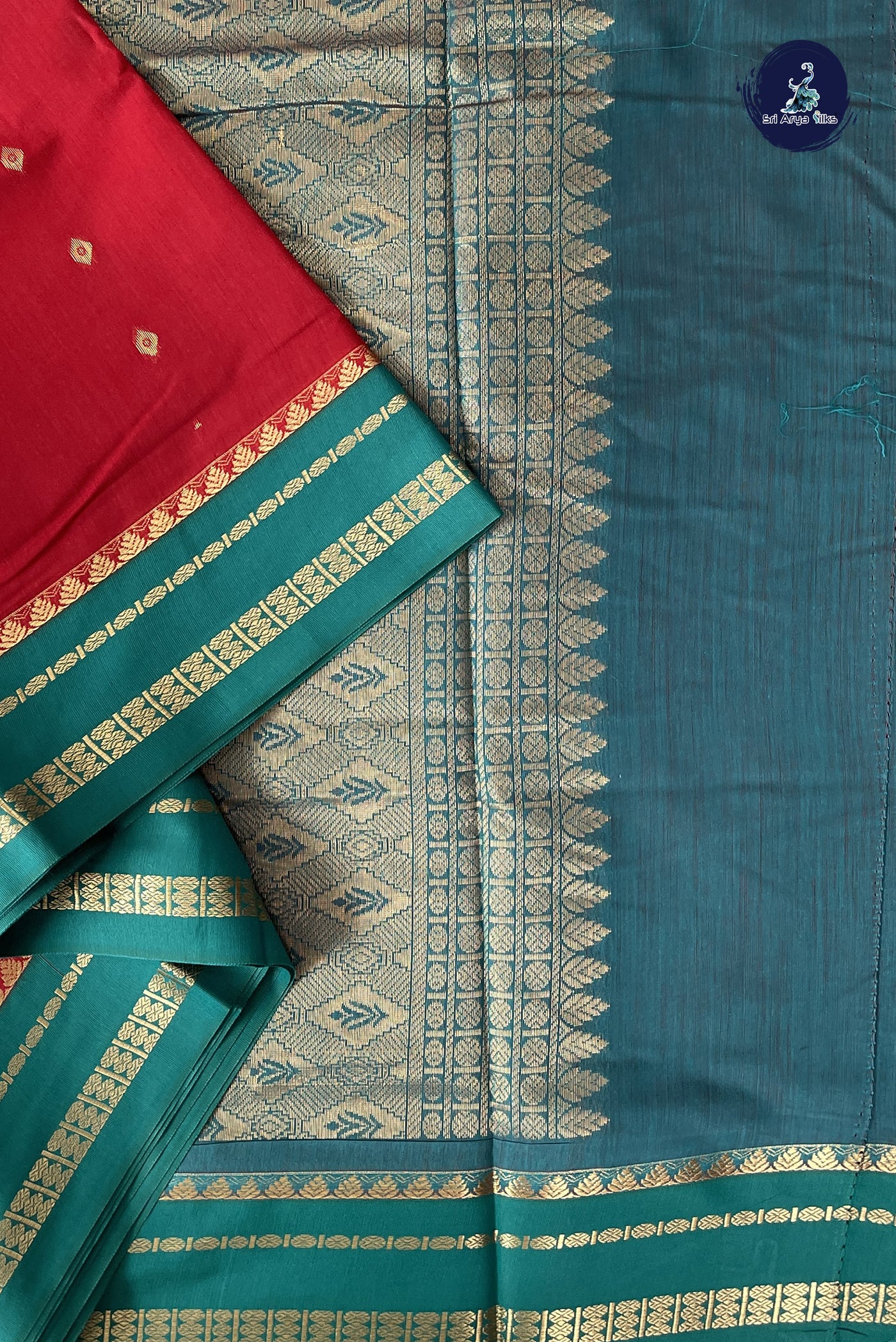 Red Madisar Semi Silk Cotton Saree With Zari Buttas Pattern
