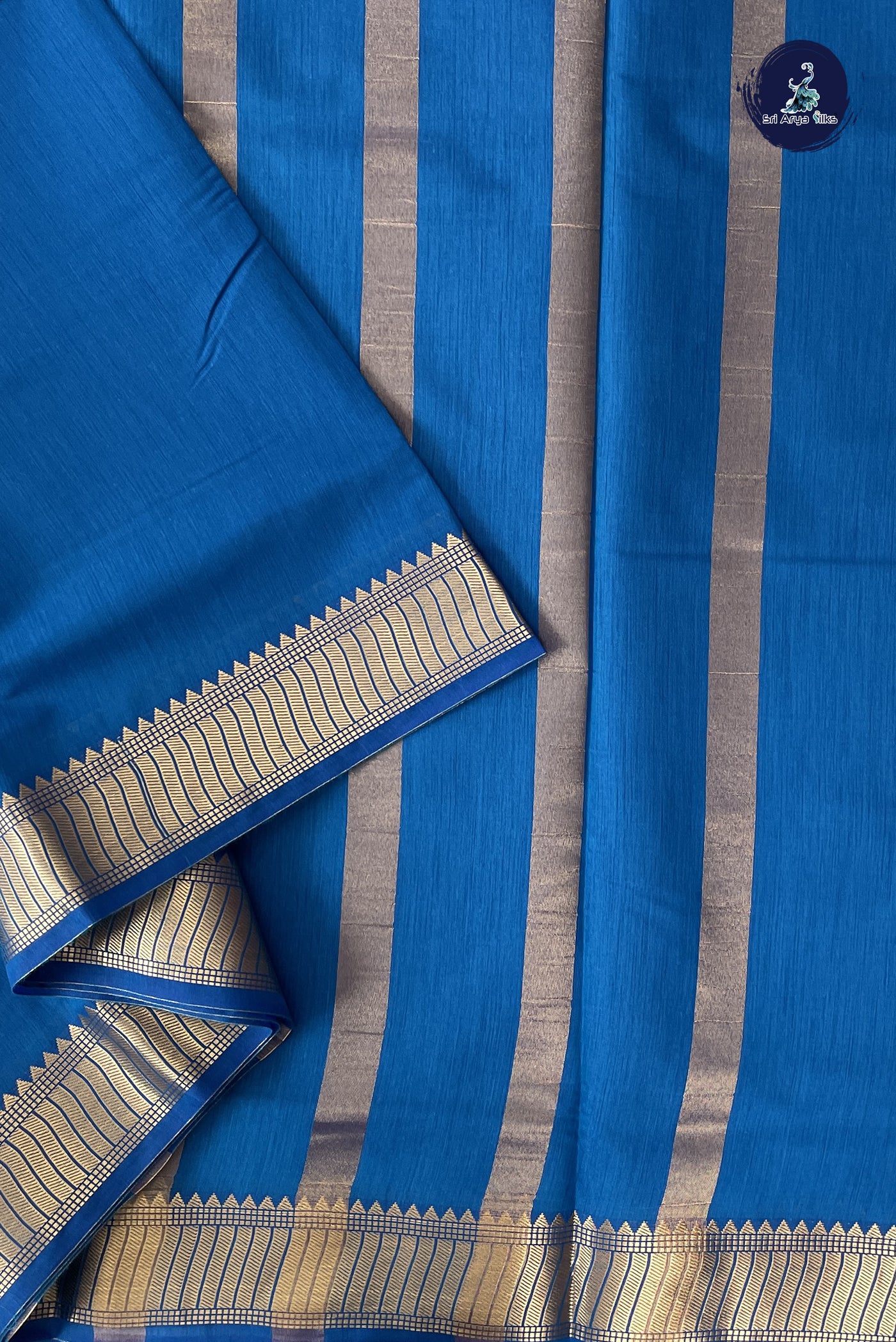 Sapphire Blue Madisar Semi Silk Cotton Saree With Plain Pattern