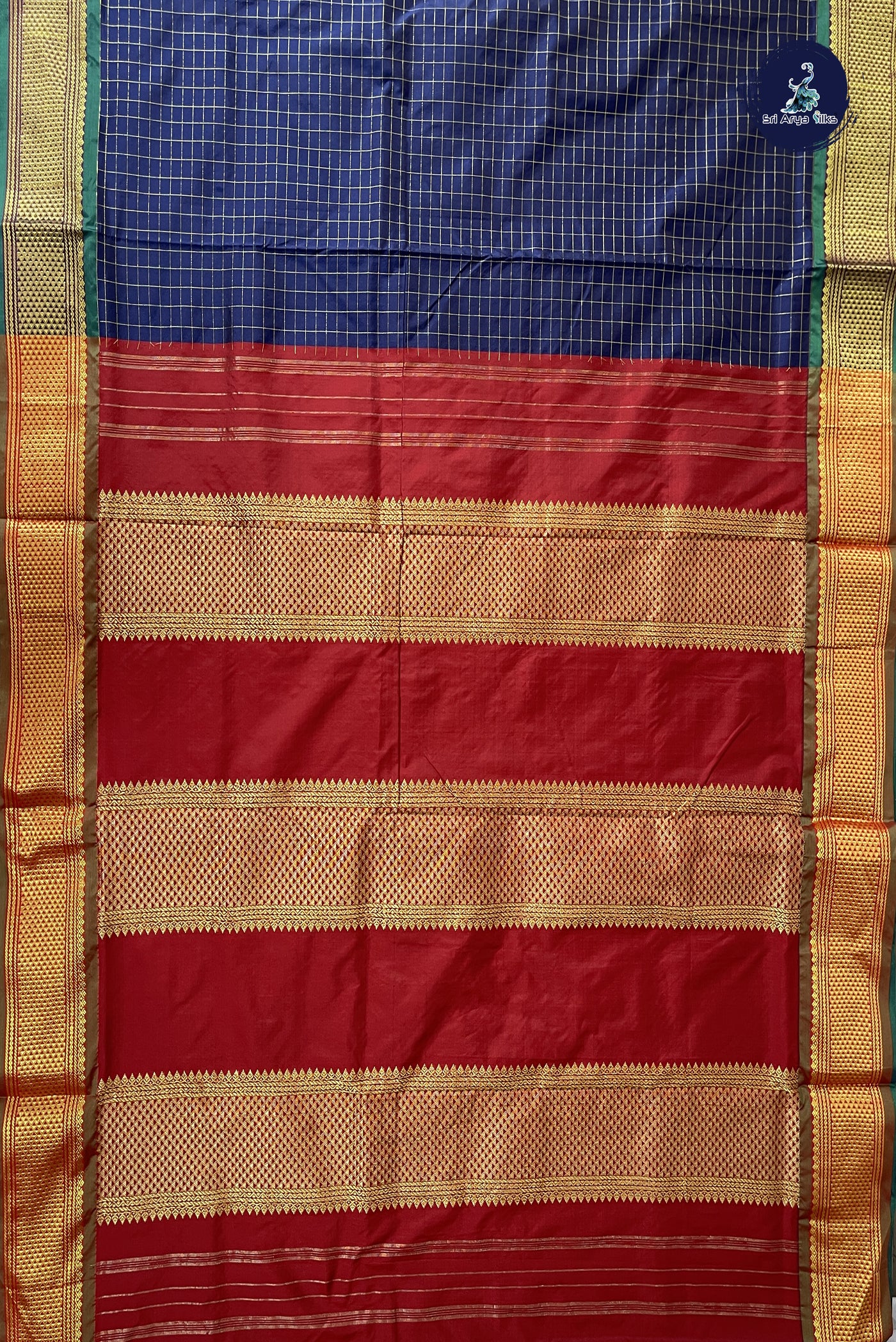 Navy Blue 10 Yards Semi Silk With Zari Checked Pattern