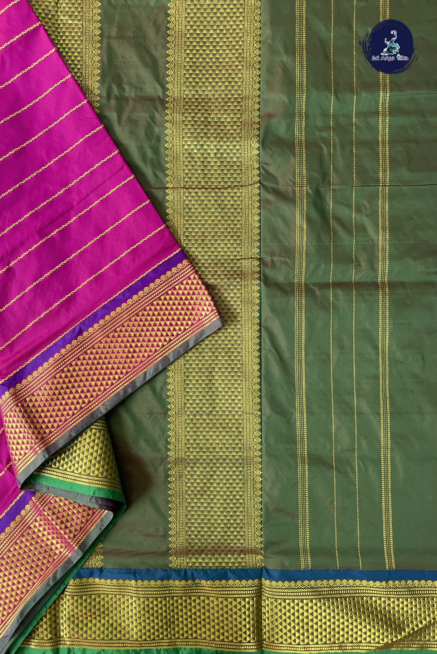 Magenta 10 Yards Semi Silk With Veldhari Stripes Pattern