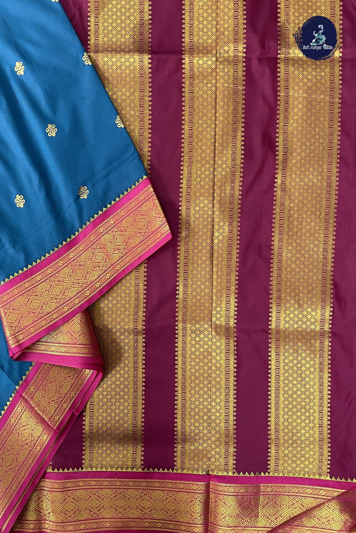 Peacock Blue 10 Yards Semi Silk With Zari Buttas Pattern