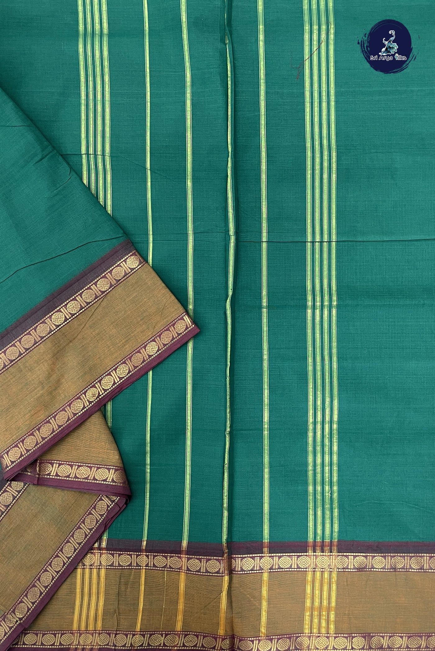 Green Madisar Cotton Saree With Plain Pattern