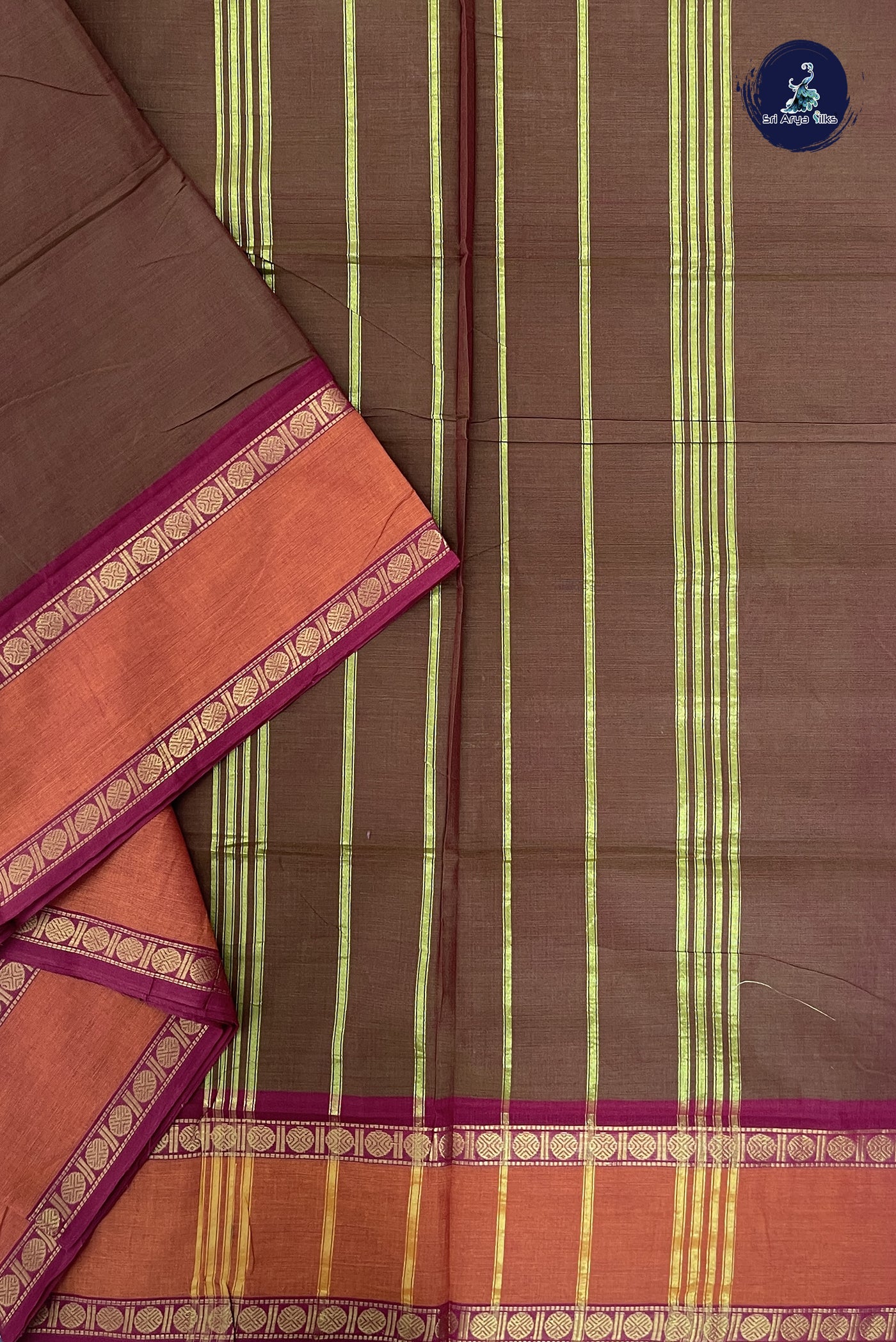 Dual Tone Brown Madisar Cotton Saree With Plain Pattern