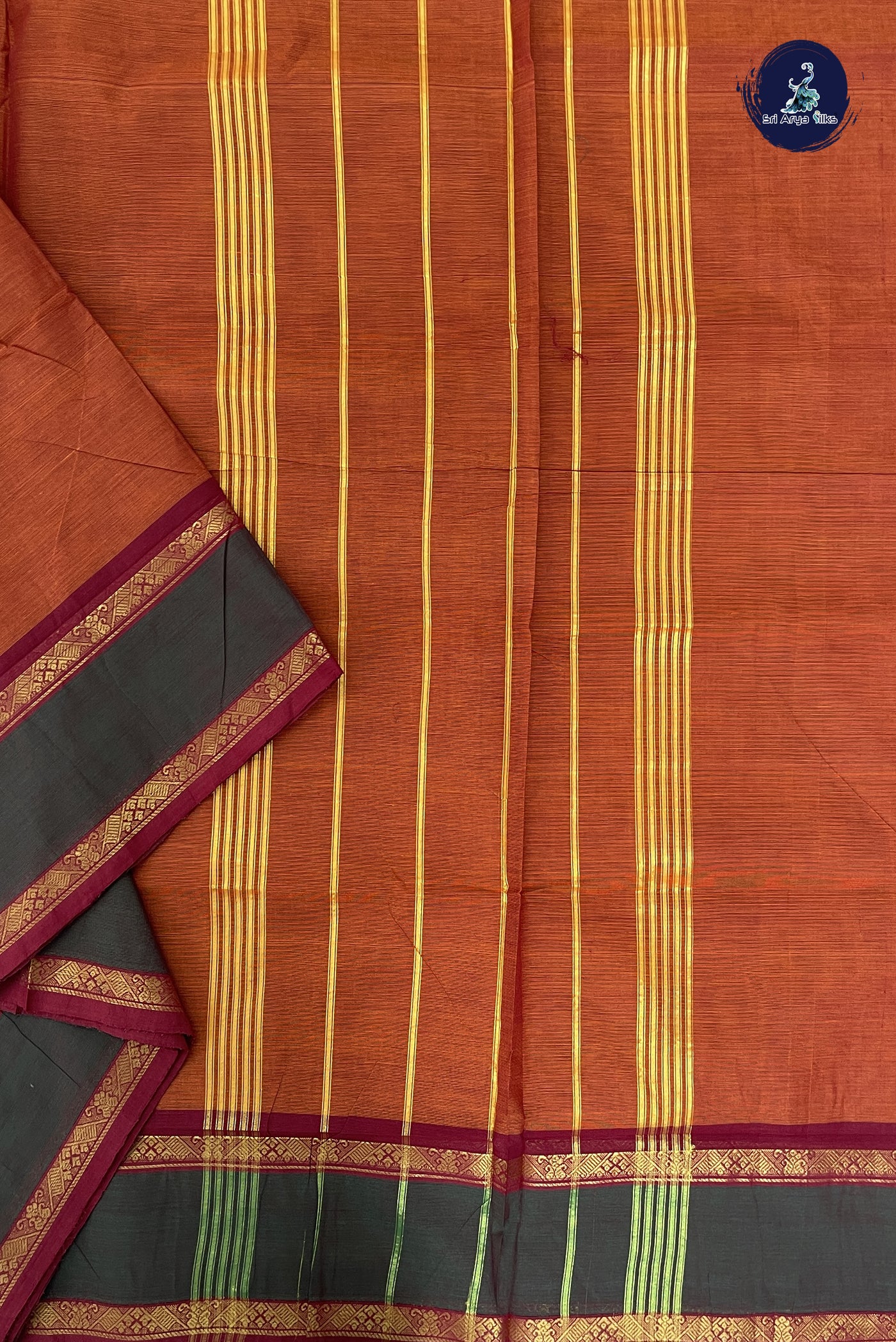 Rust Madisar Cotton Saree With Plain Pattern