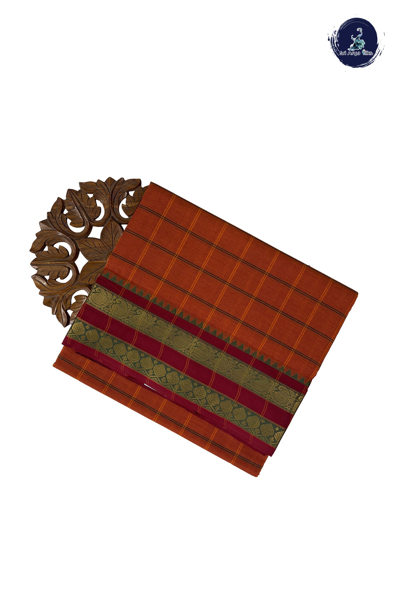 Rust Madisar Cotton Saree With Checked Pattern