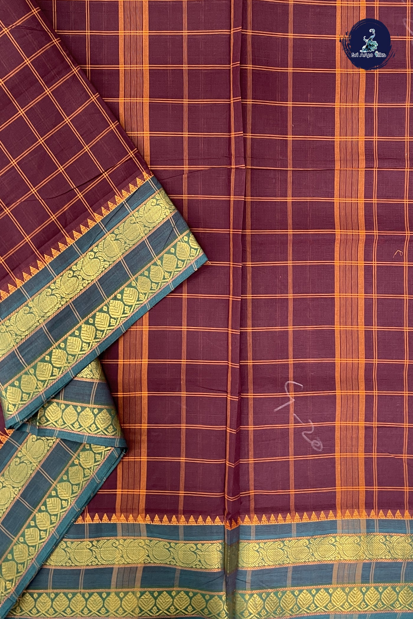 Coffee Brown Madisar Cotton Saree With Checked Pattern