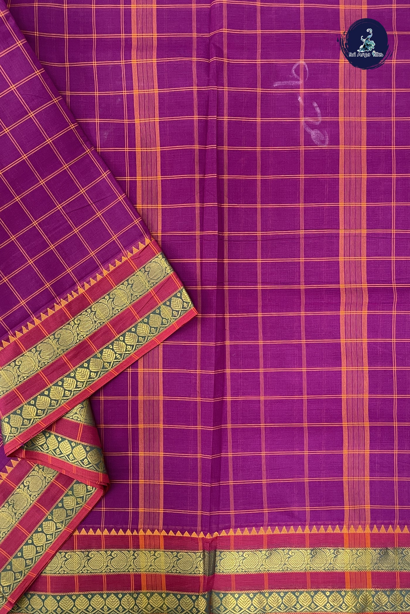 Purple Madisar Cotton Saree With Checked Pattern