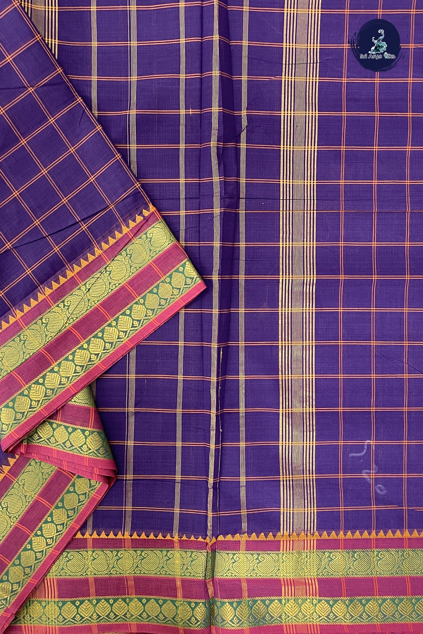 Violet Madisar Cotton Saree With Checked Pattern