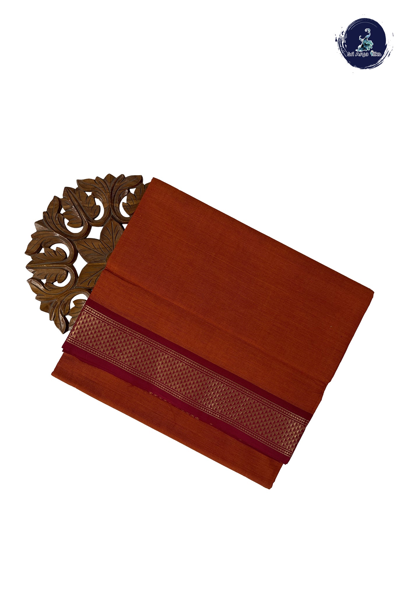 Rust Madisar Cotton Saree With Plain Pattern