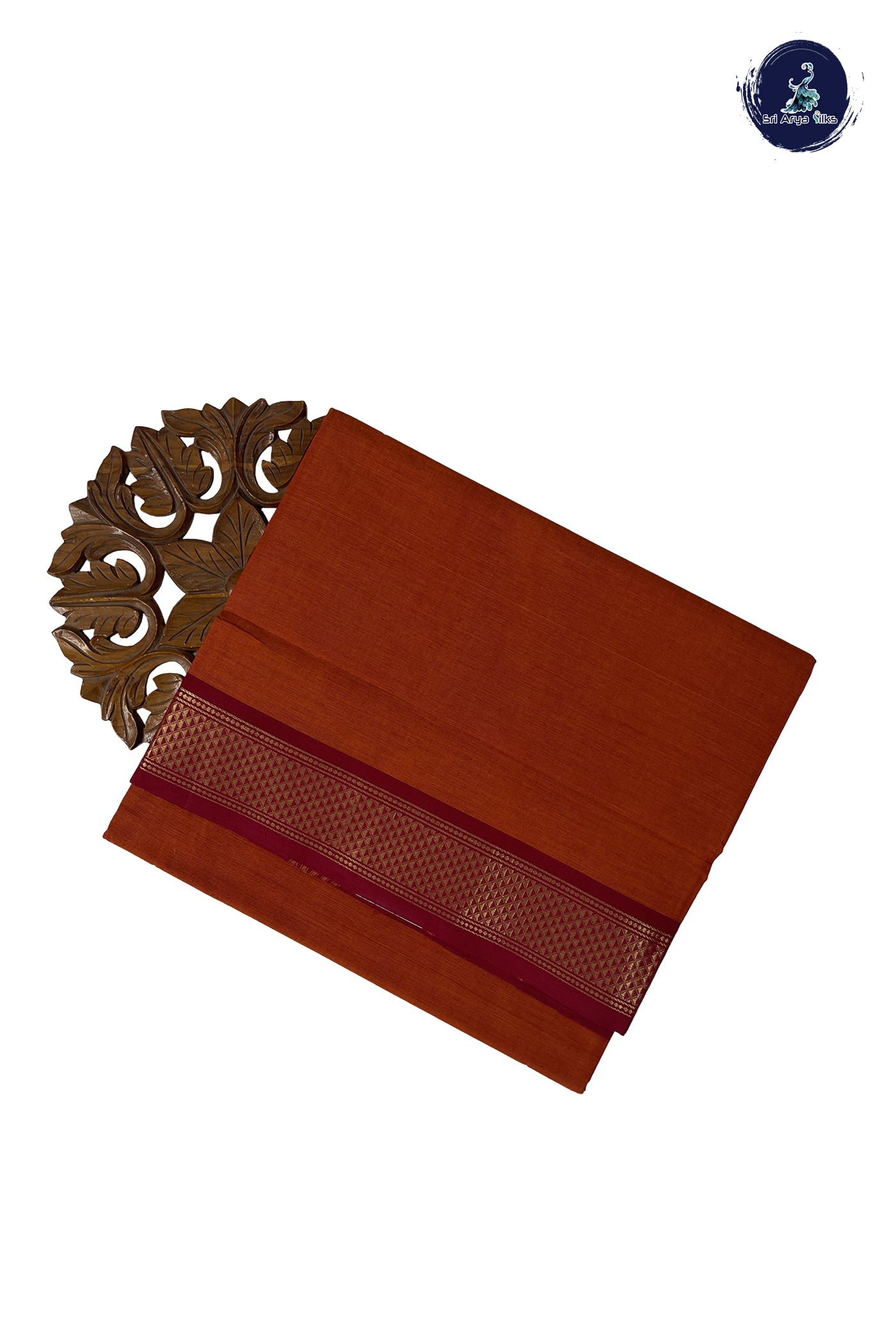 Rust Madisar Cotton Saree With Plain Pattern