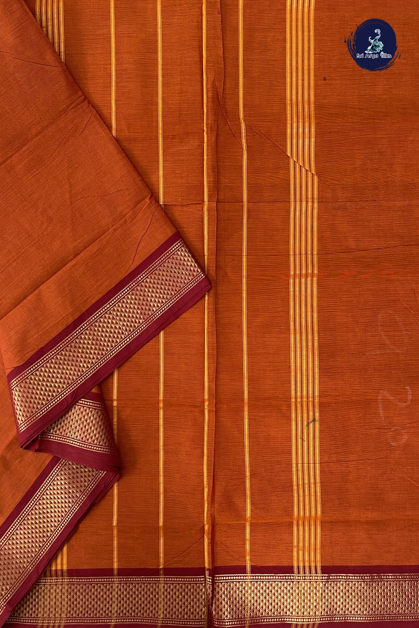 Rust Madisar Cotton Saree With Plain Pattern
