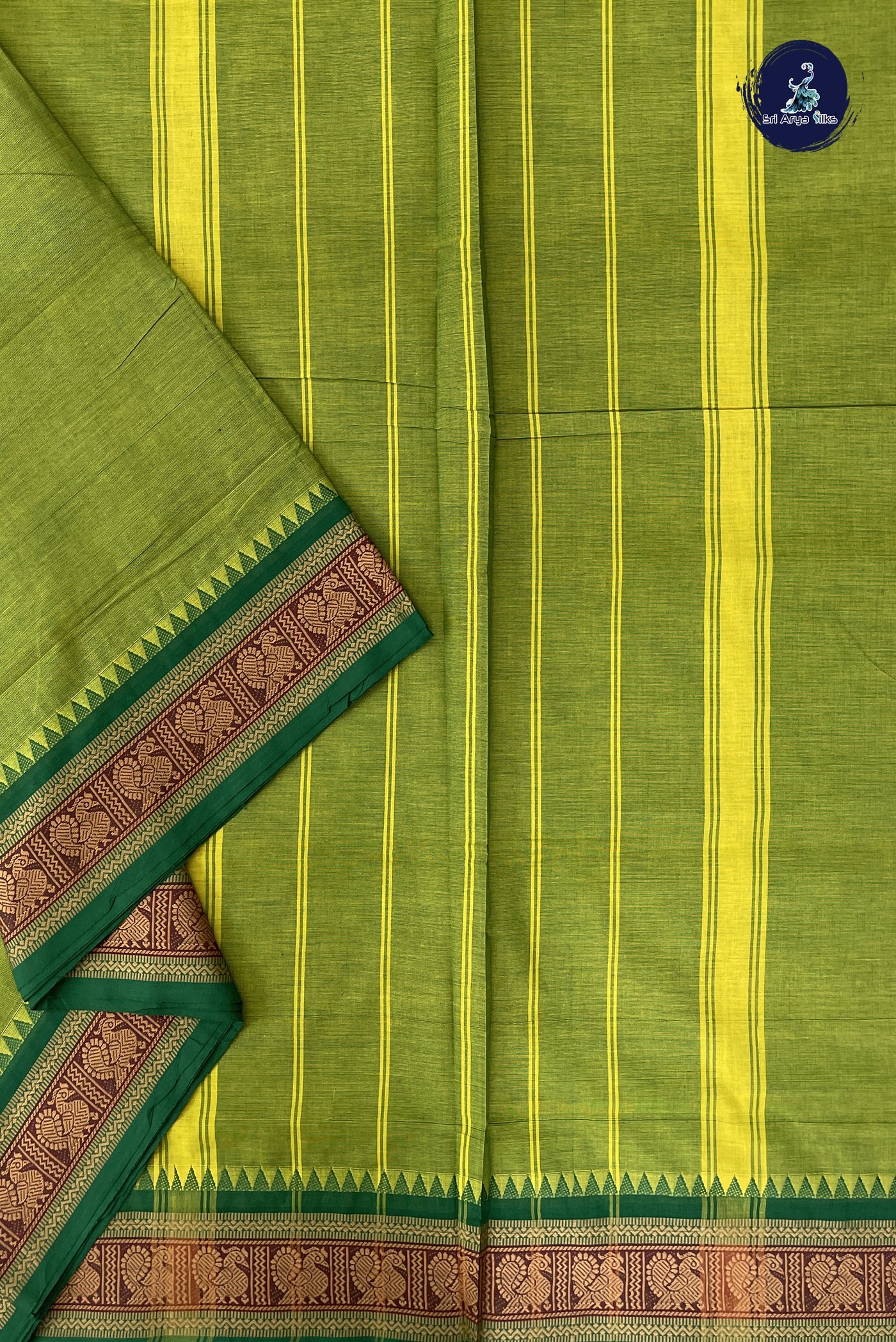 Light Green Madisar Cotton Saree With Plain Pattern