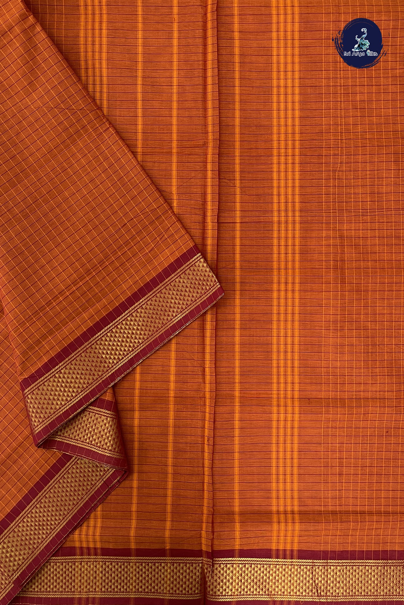 Rust Madisar Cotton Saree With Checked Pattern