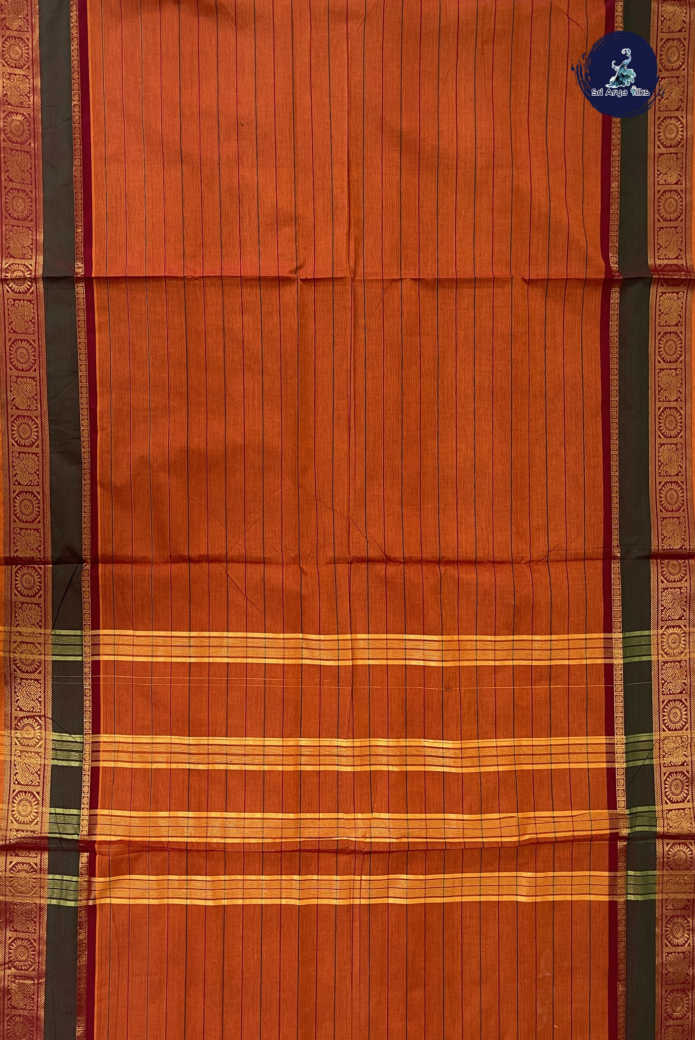 Rust Madisar Cotton Saree With Stripes Pattern