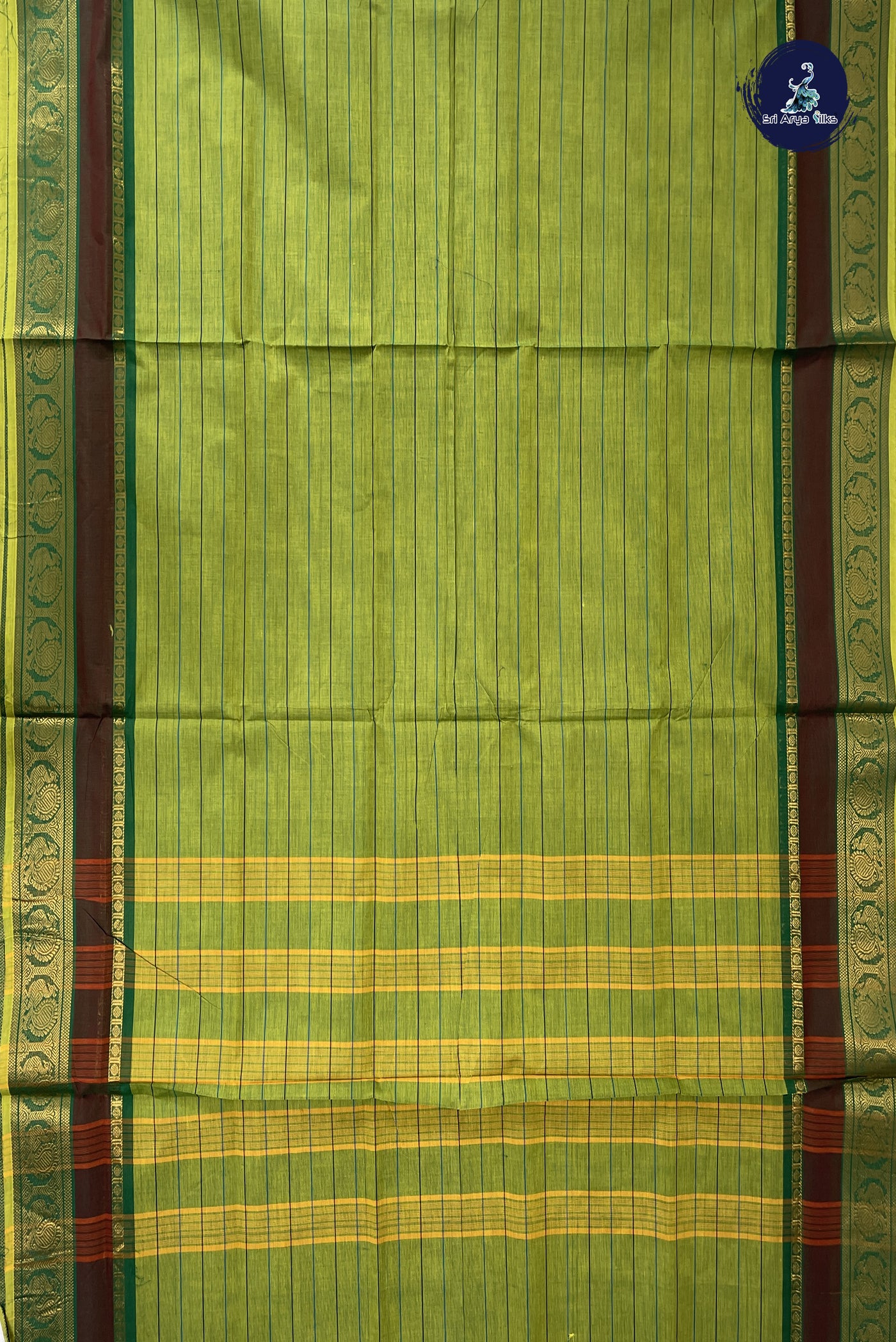 Green Madisar Cotton Saree With Stripes Pattern