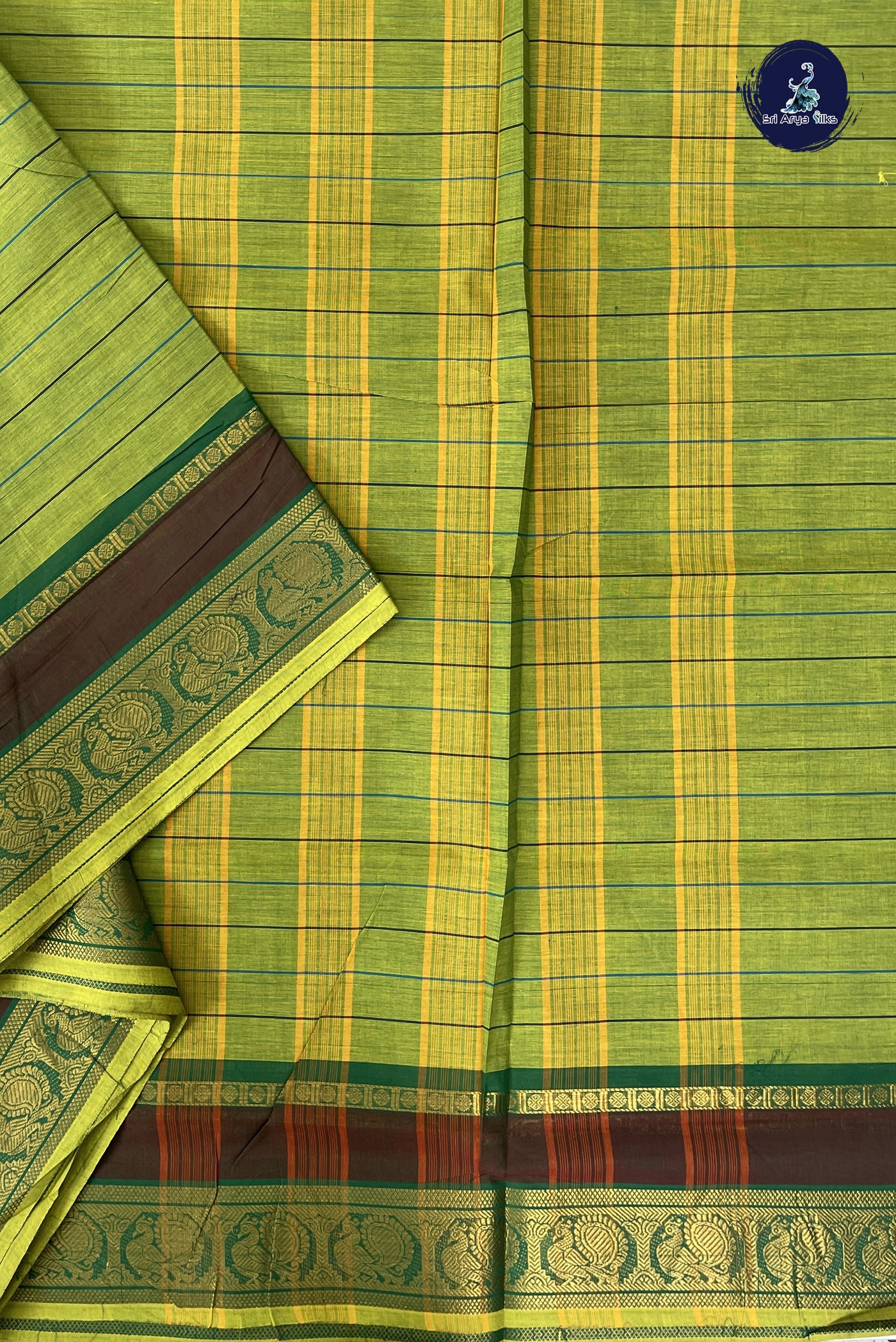 Green Madisar Cotton Saree With Stripes Pattern