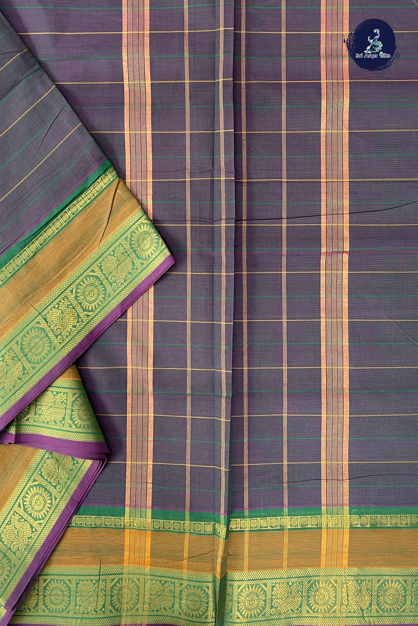 Bluish Green Madisar Cotton Saree With Stripes Pattern