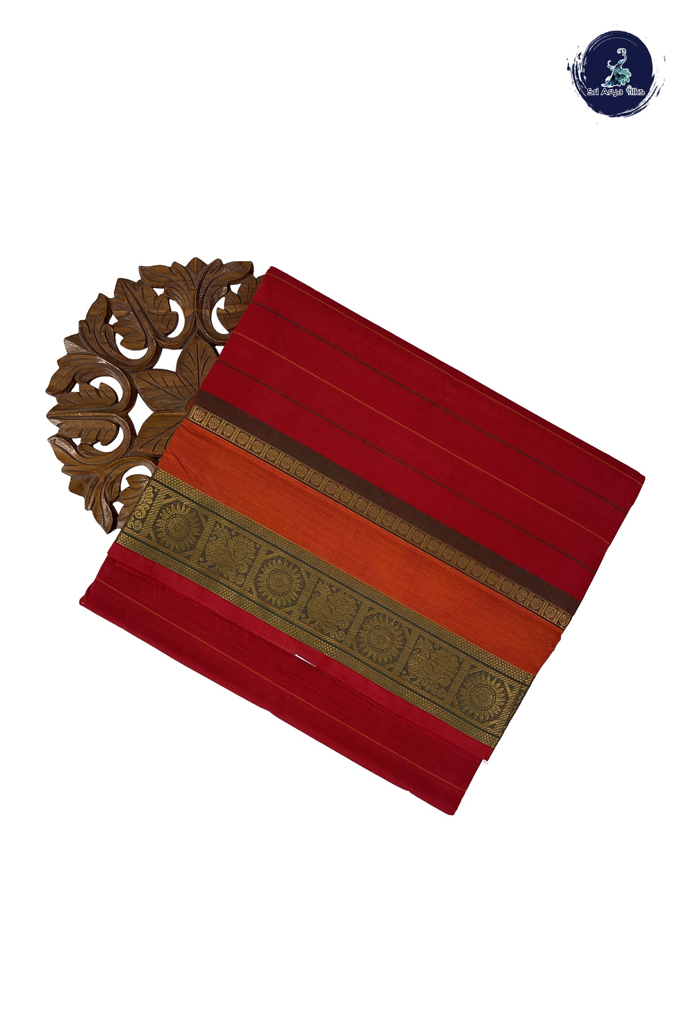 Red Madisar Cotton Saree With Stripes Pattern