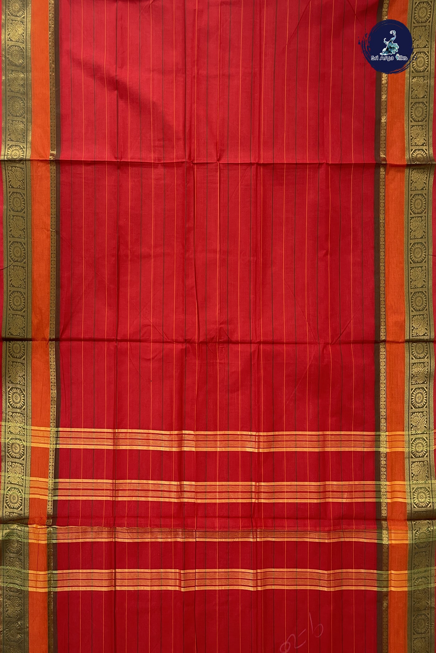 Red Madisar Cotton Saree With Stripes Pattern