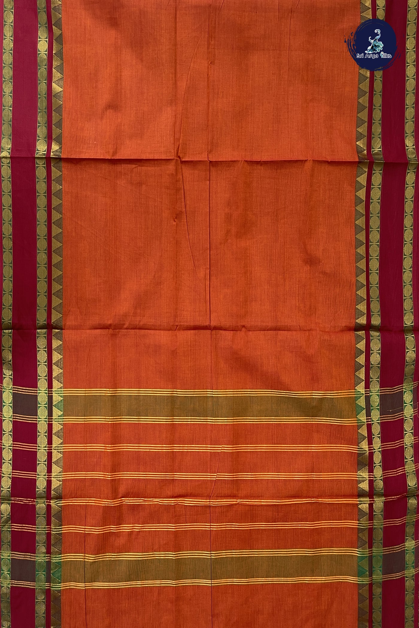 Rust Madisar Cotton Saree With Plain Pattern