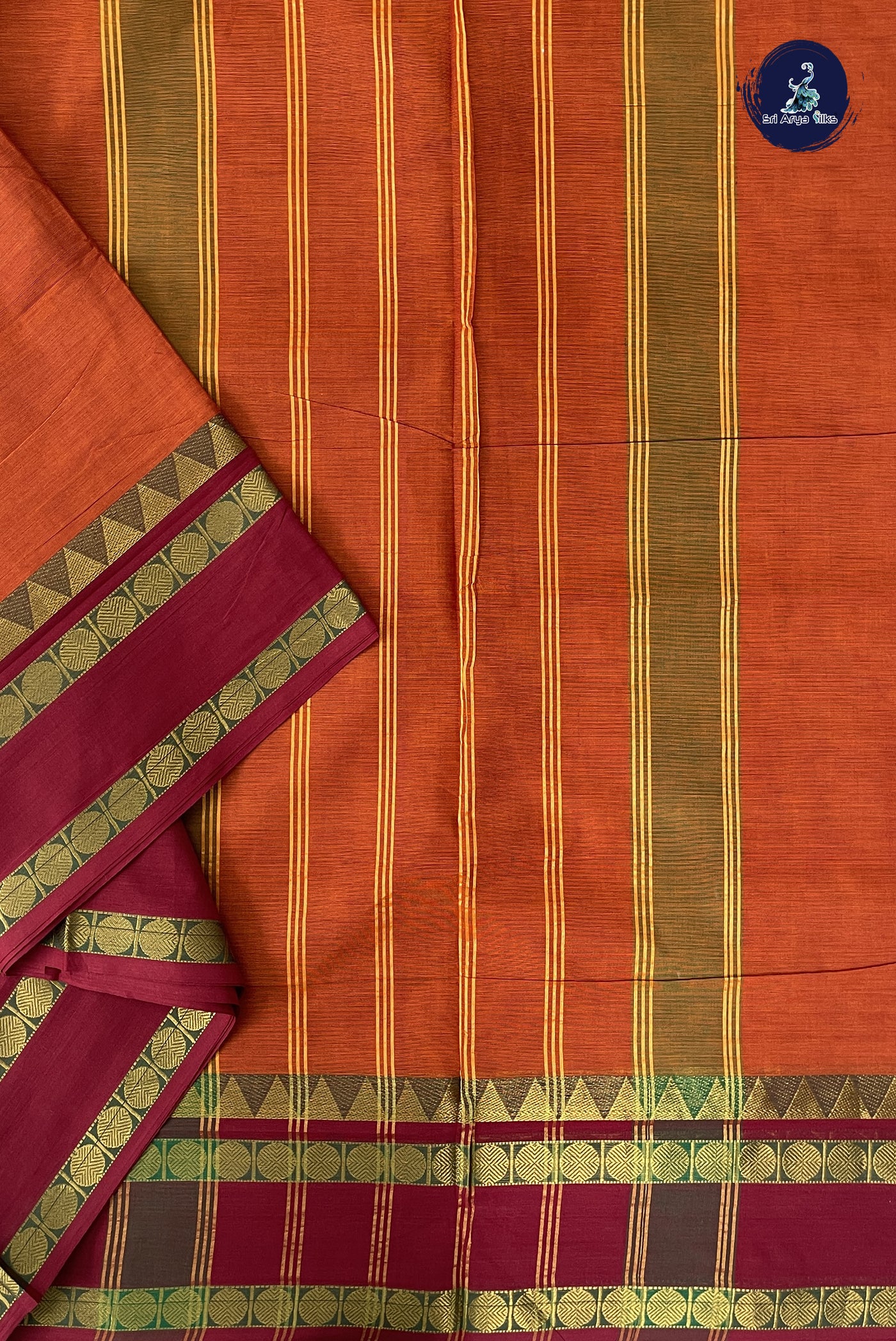 Rust Madisar Cotton Saree With Plain Pattern