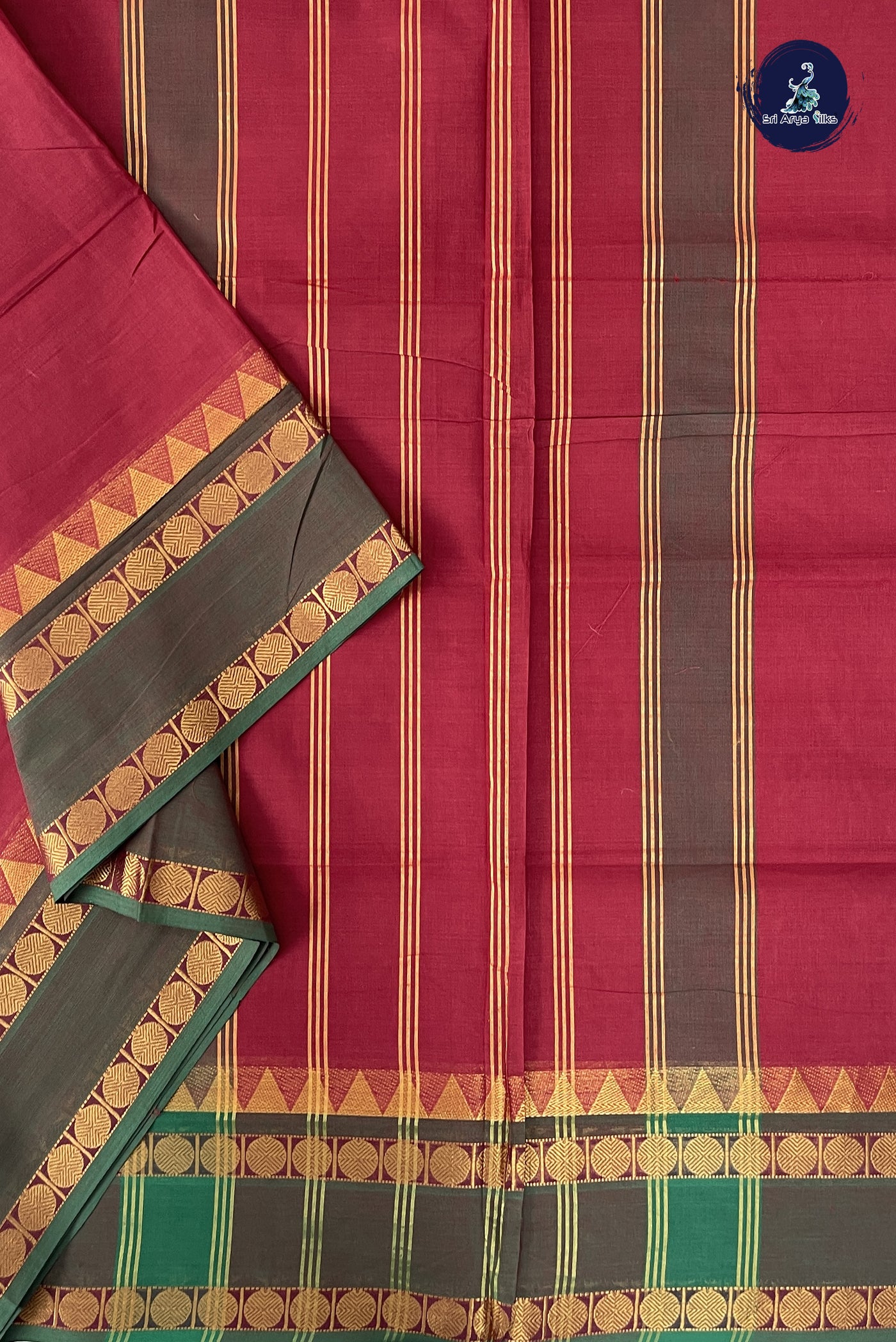 Maroon Madisar Cotton Saree With Plain Pattern