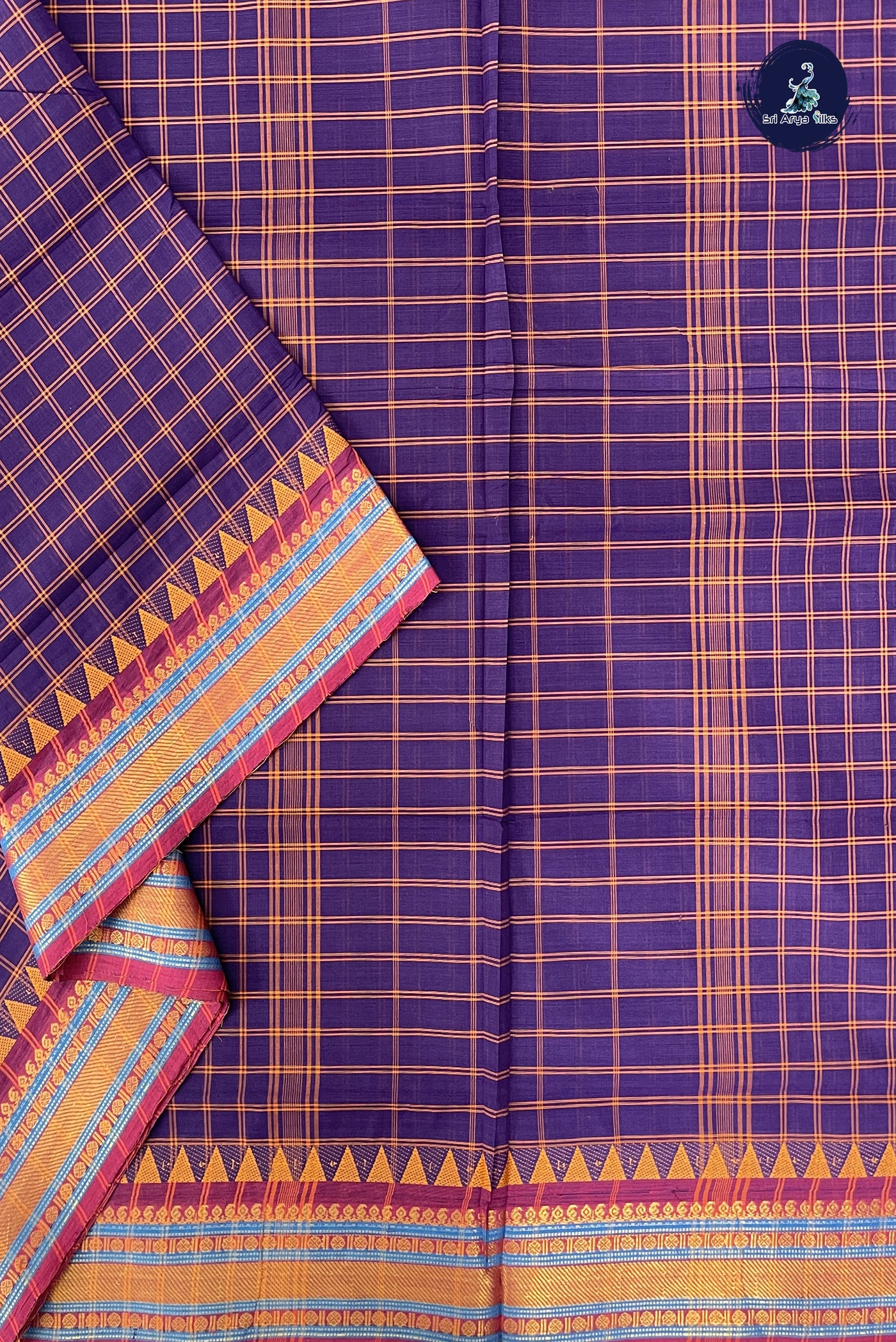 Violet Madisar Cotton Saree With Checked Pattern