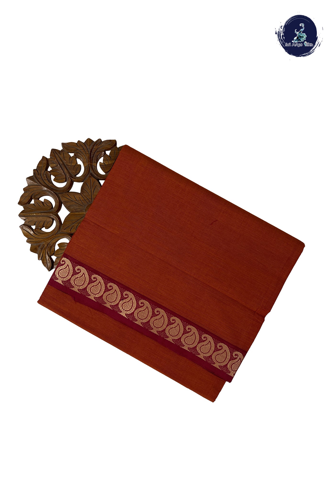 Rust Madisar Cotton Saree With Plain Pattern
