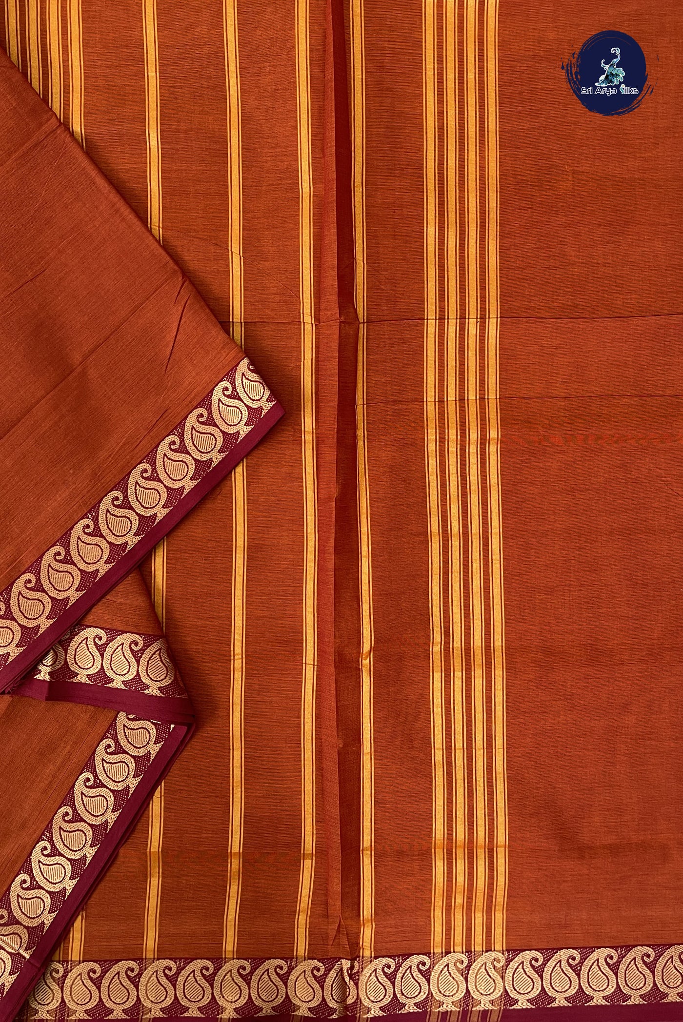 Rust Madisar Cotton Saree With Plain Pattern