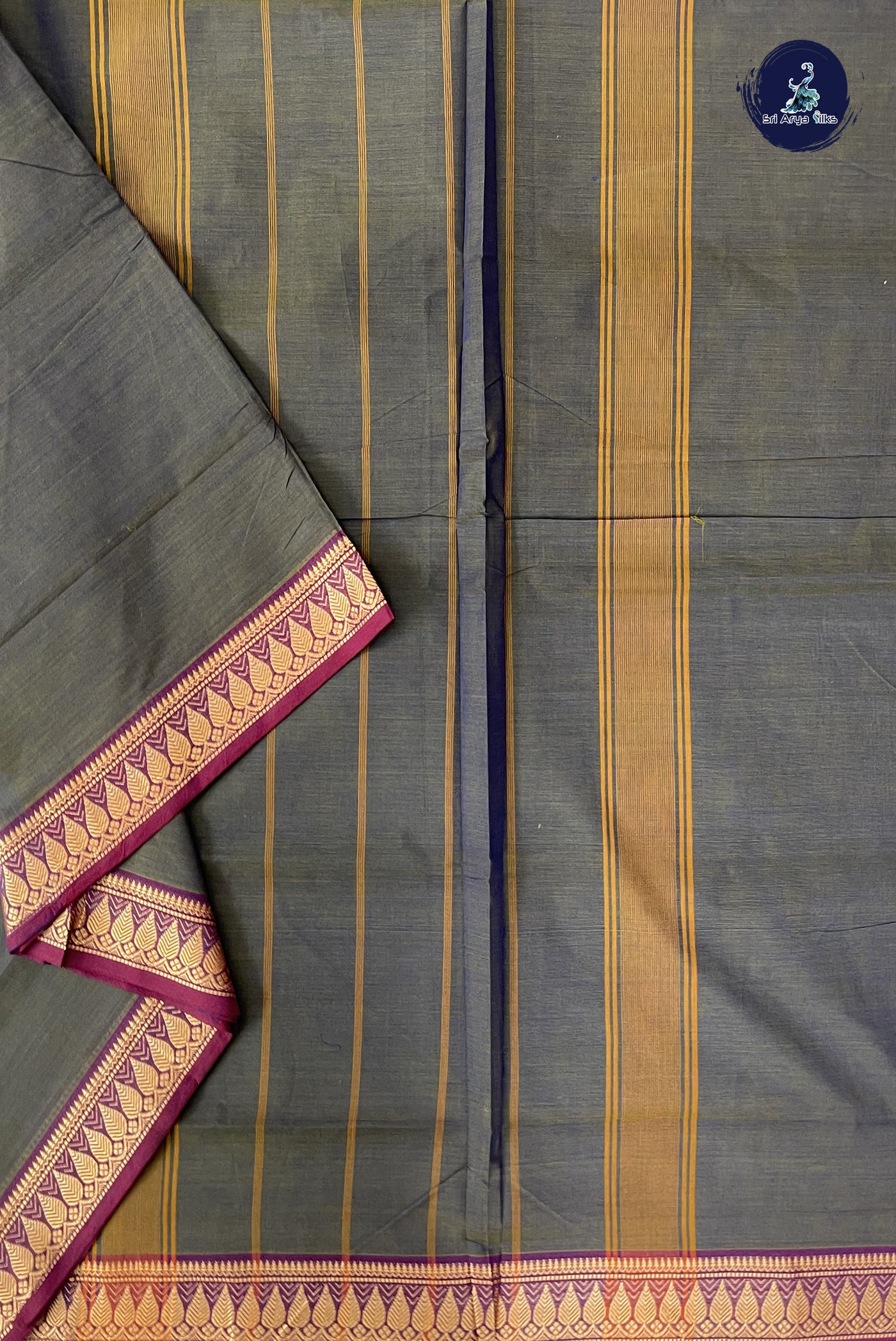 Bluish Grey Madisar Cotton Saree With Plain Pattern
