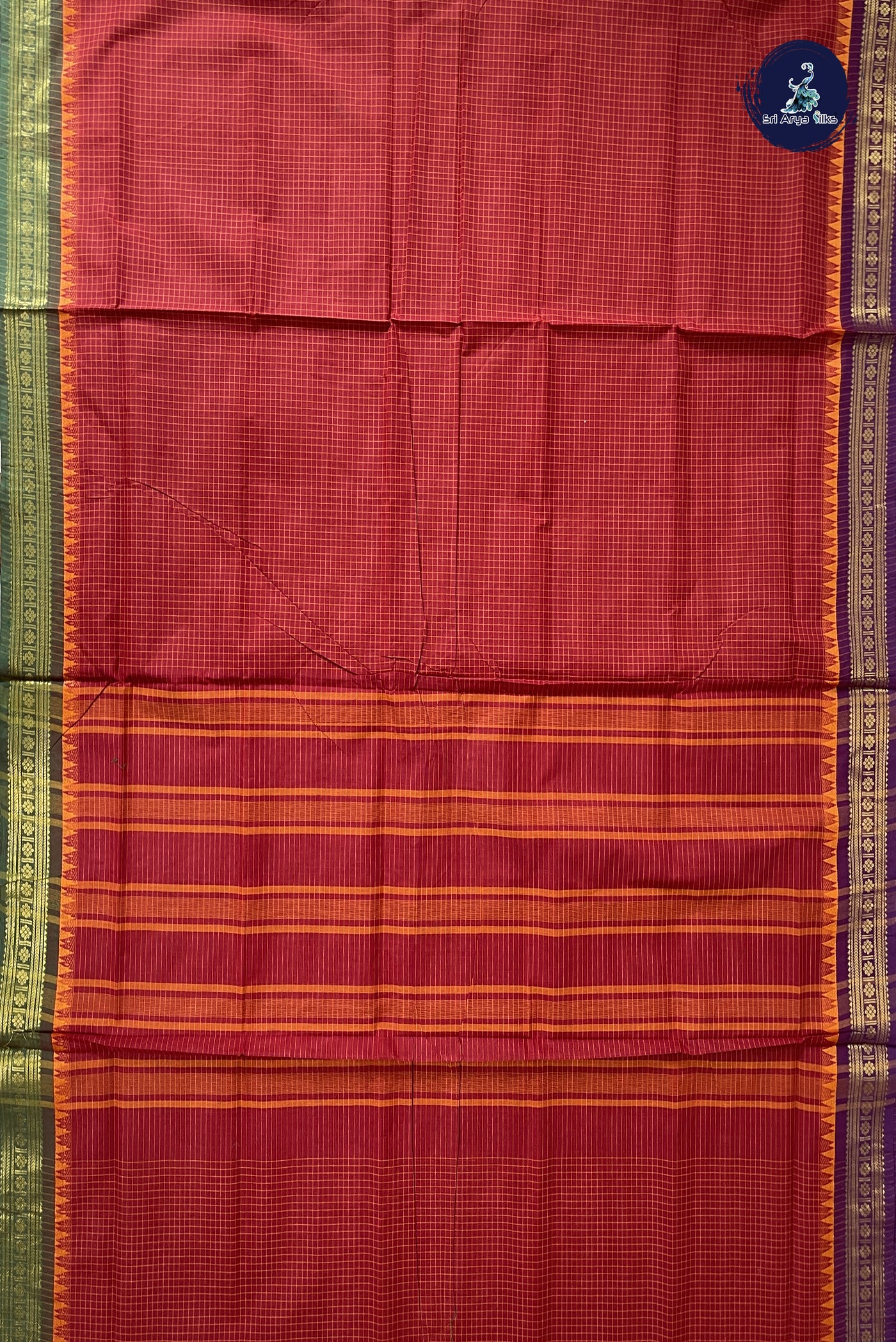 Maroon Madisar Cotton Saree With Checked Pattern