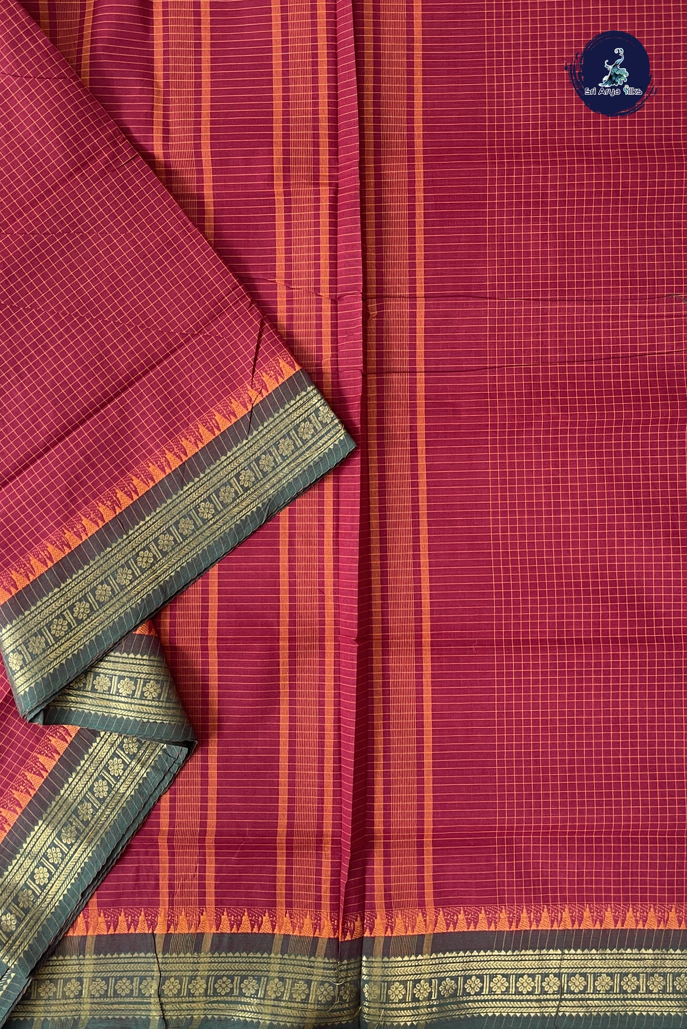 Maroon Madisar Cotton Saree With Checked Pattern