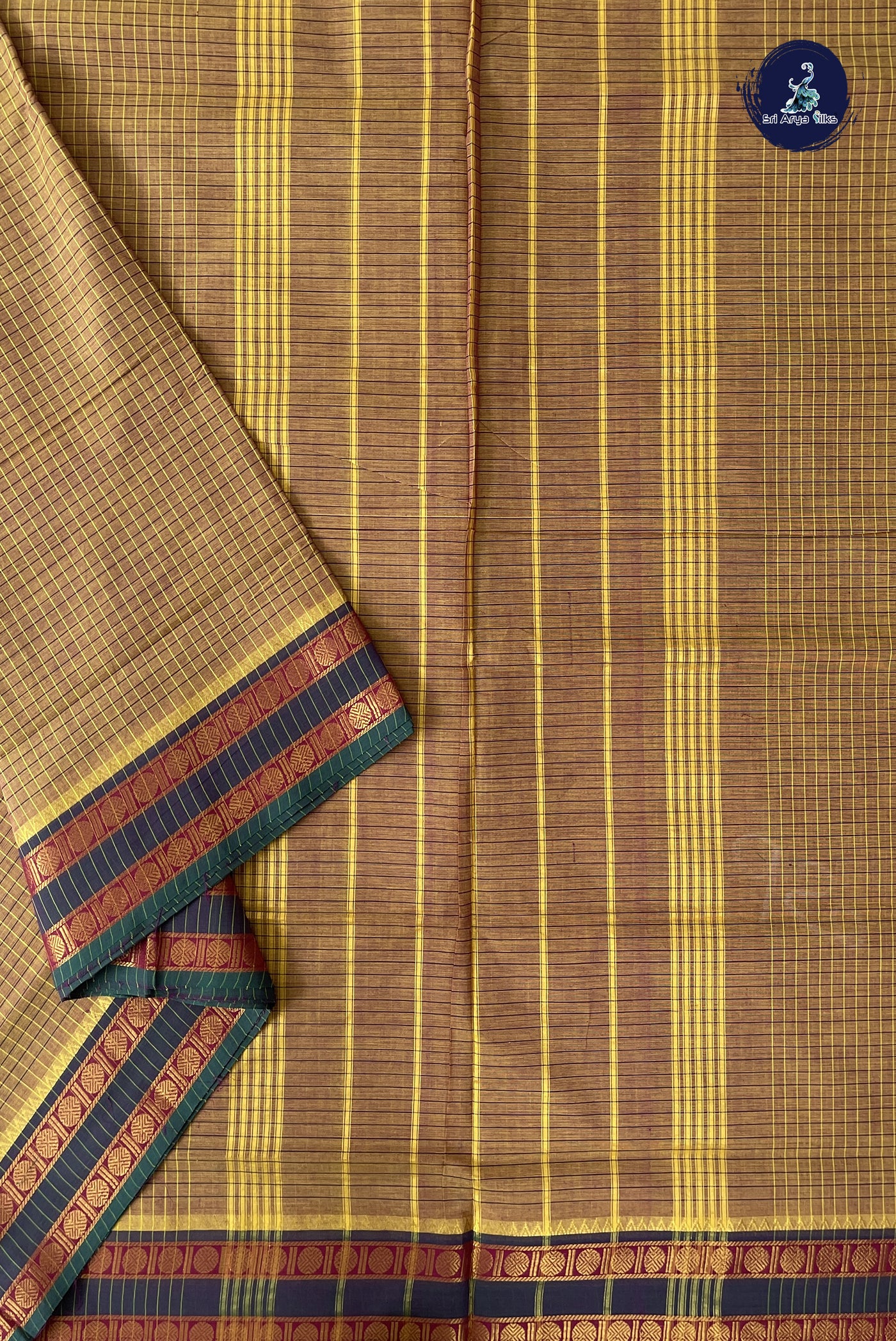 Mustard Yellow Madisar Cotton Saree With Checked Pattern