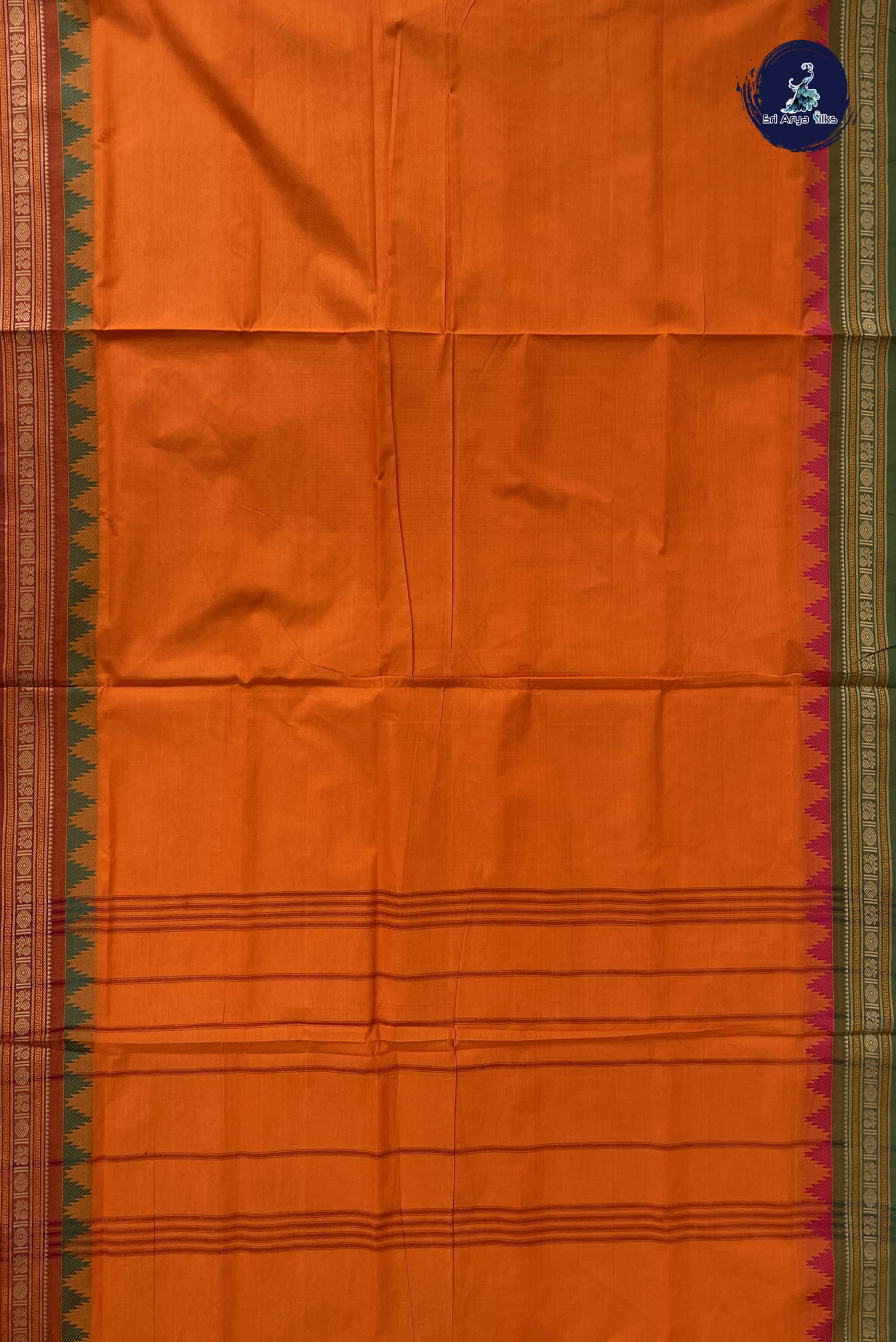 Yellowish Orange Madisar Cotton Saree With Plain Pattern