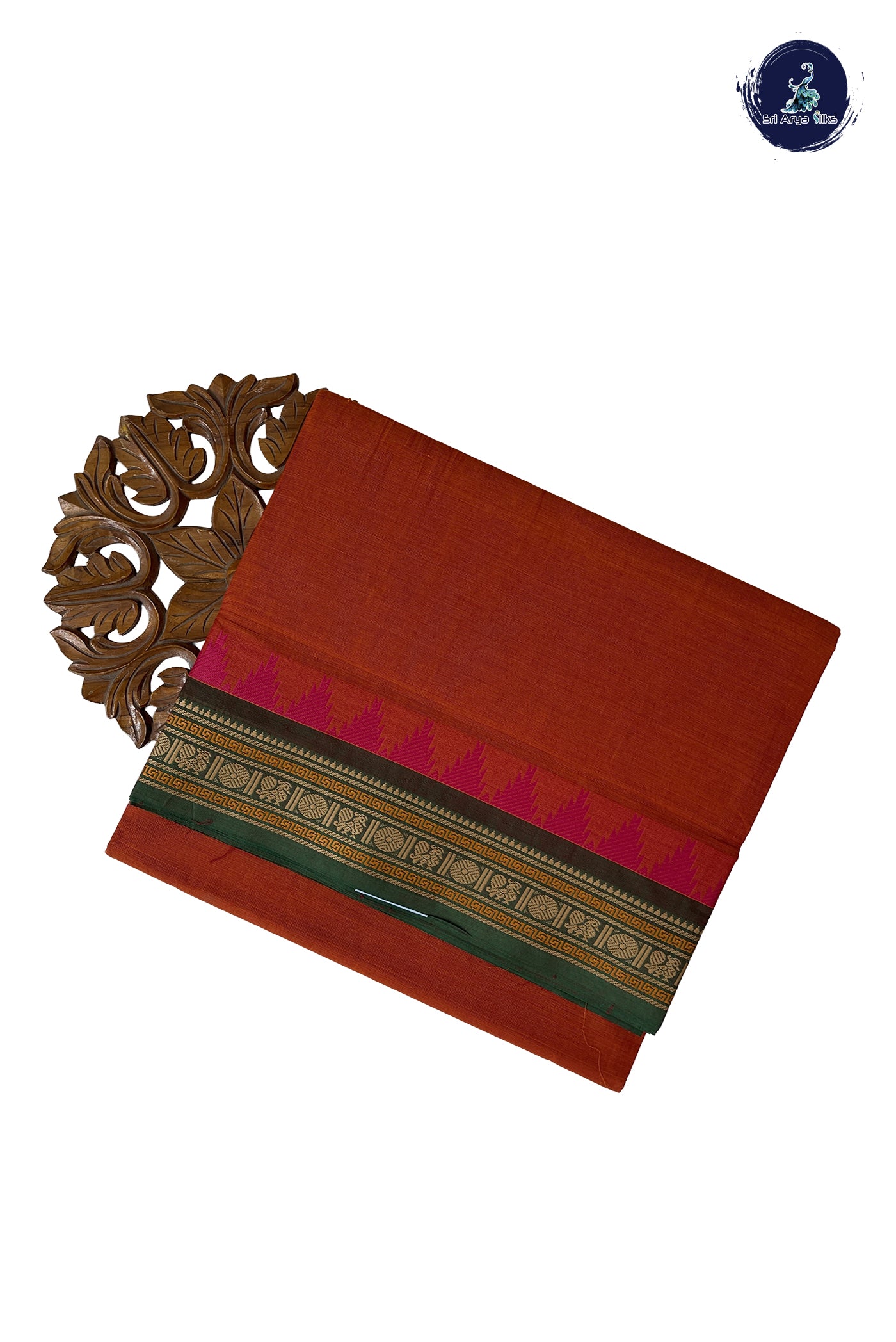 Rust Madisar Cotton Saree With Plain Pattern