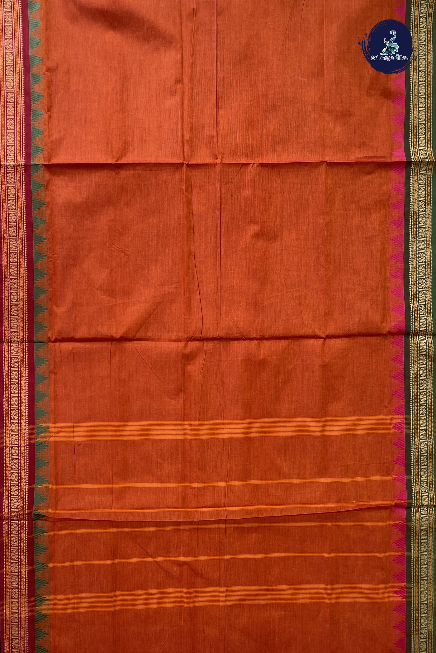 Rust Madisar Cotton Saree With Plain Pattern