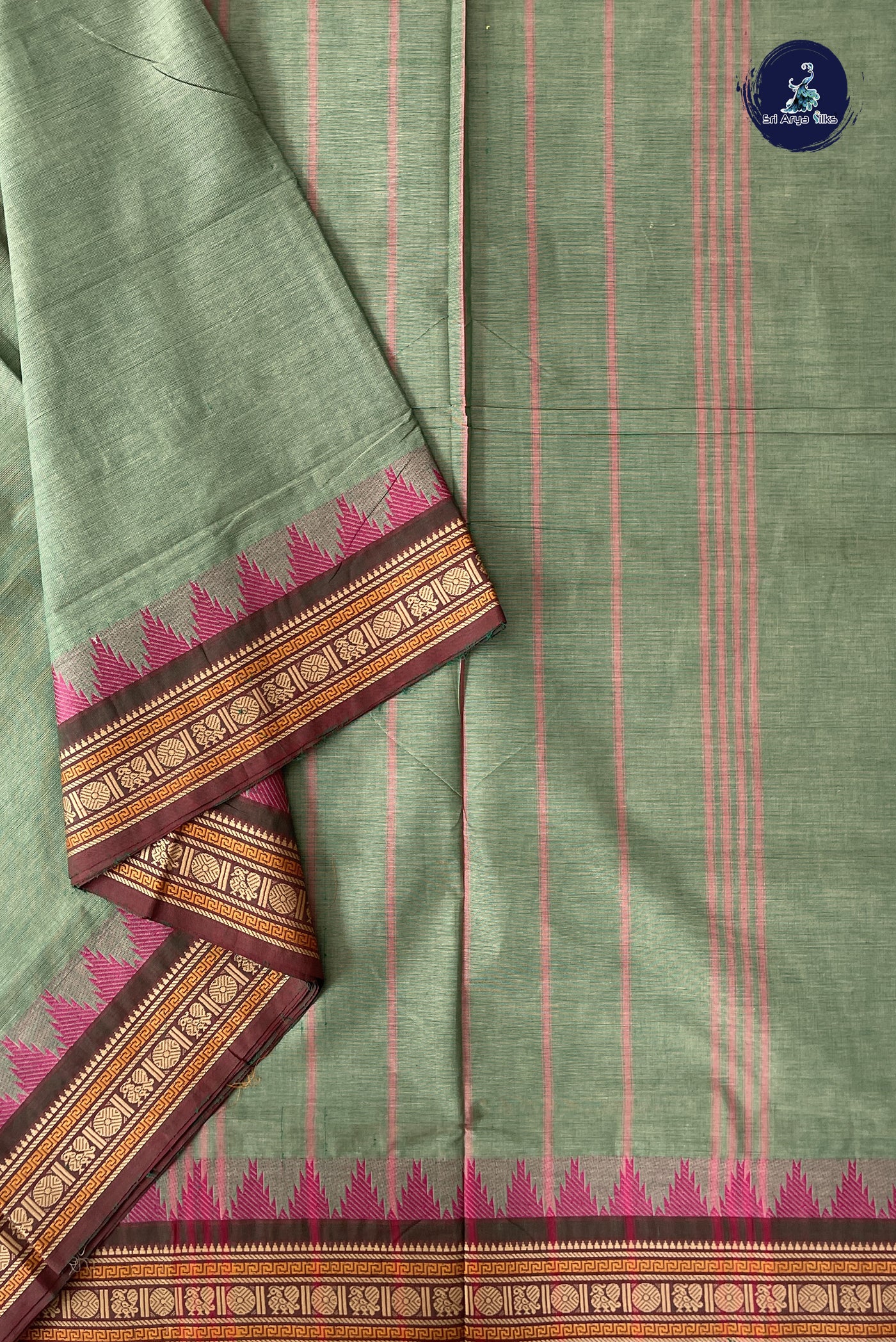Pastel Green Madisar Cotton Saree With Plain Pattern