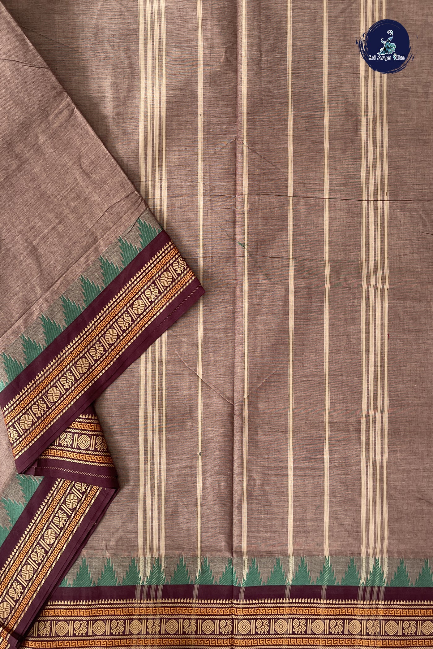 Light Brown Madisar Cotton Saree With Plain Pattern