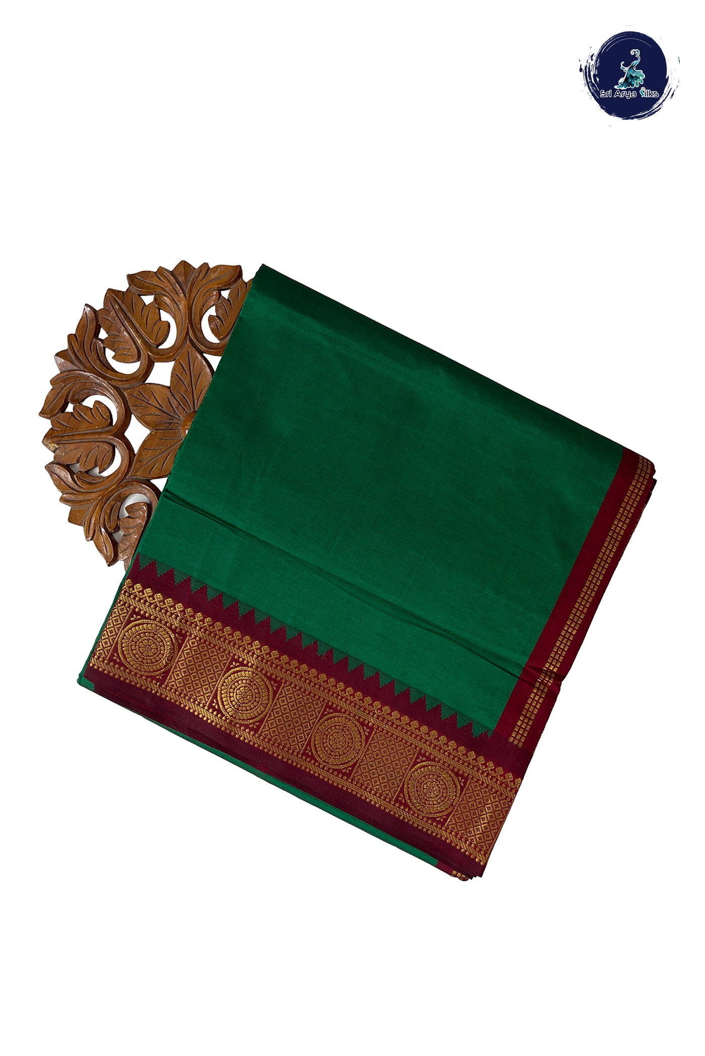 Dark Green Half Pure Madisar Silk Cotton Saree With Plain Pattern