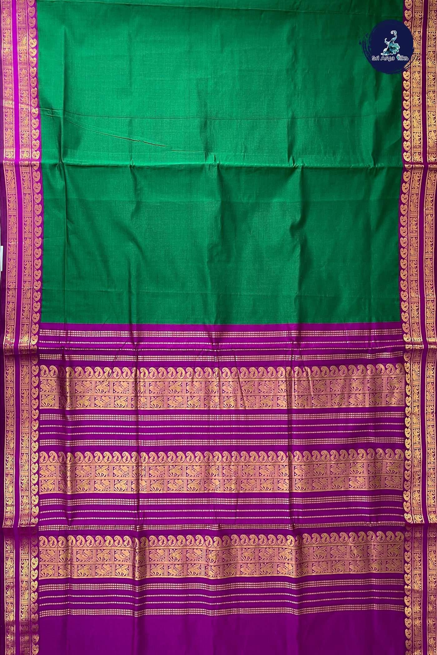 Dark Green Half Pure Madisar Silk Cotton Saree With Plain Pattern