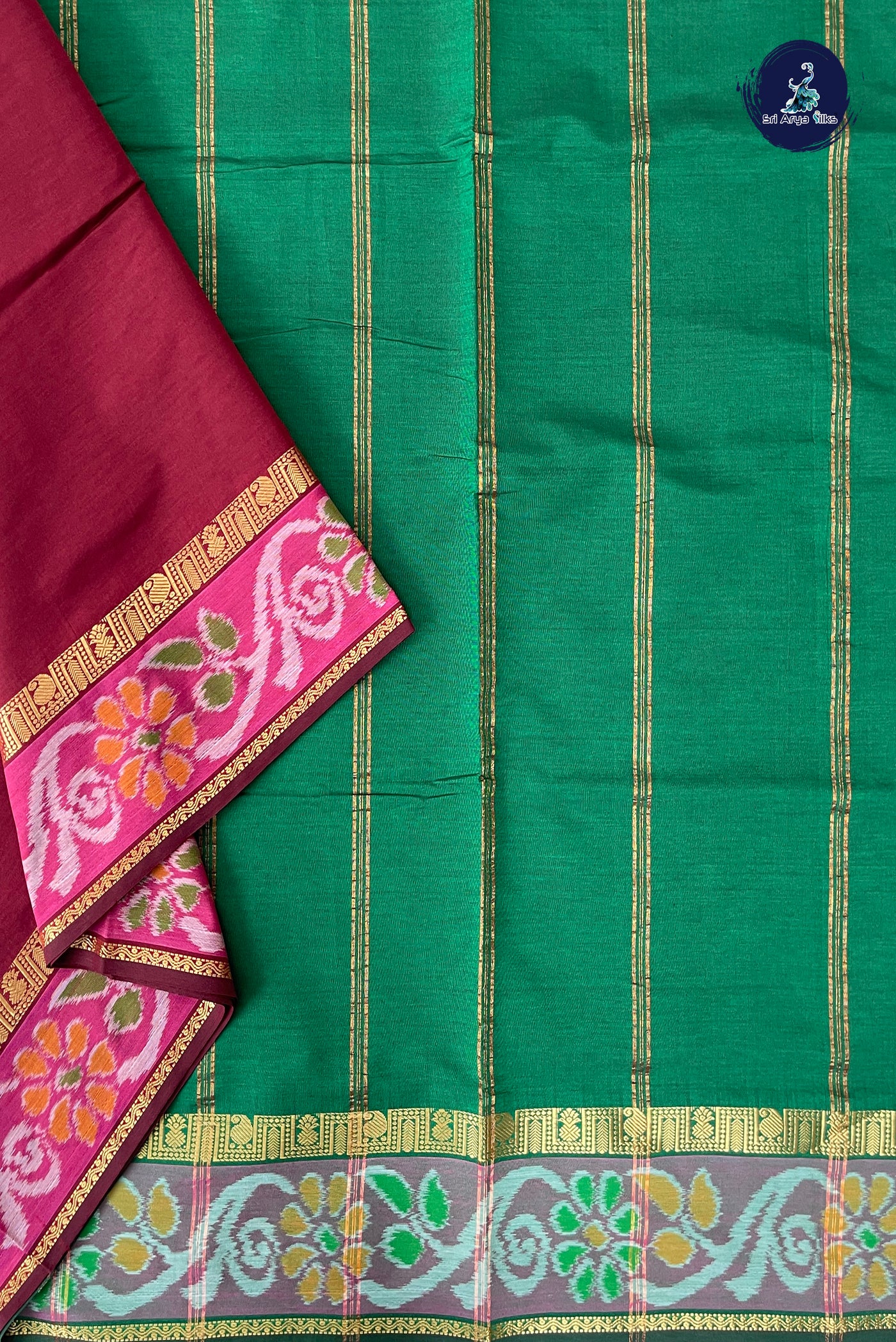 Brown Half Pure Madisar Silk Cotton Saree With Plain Pattern