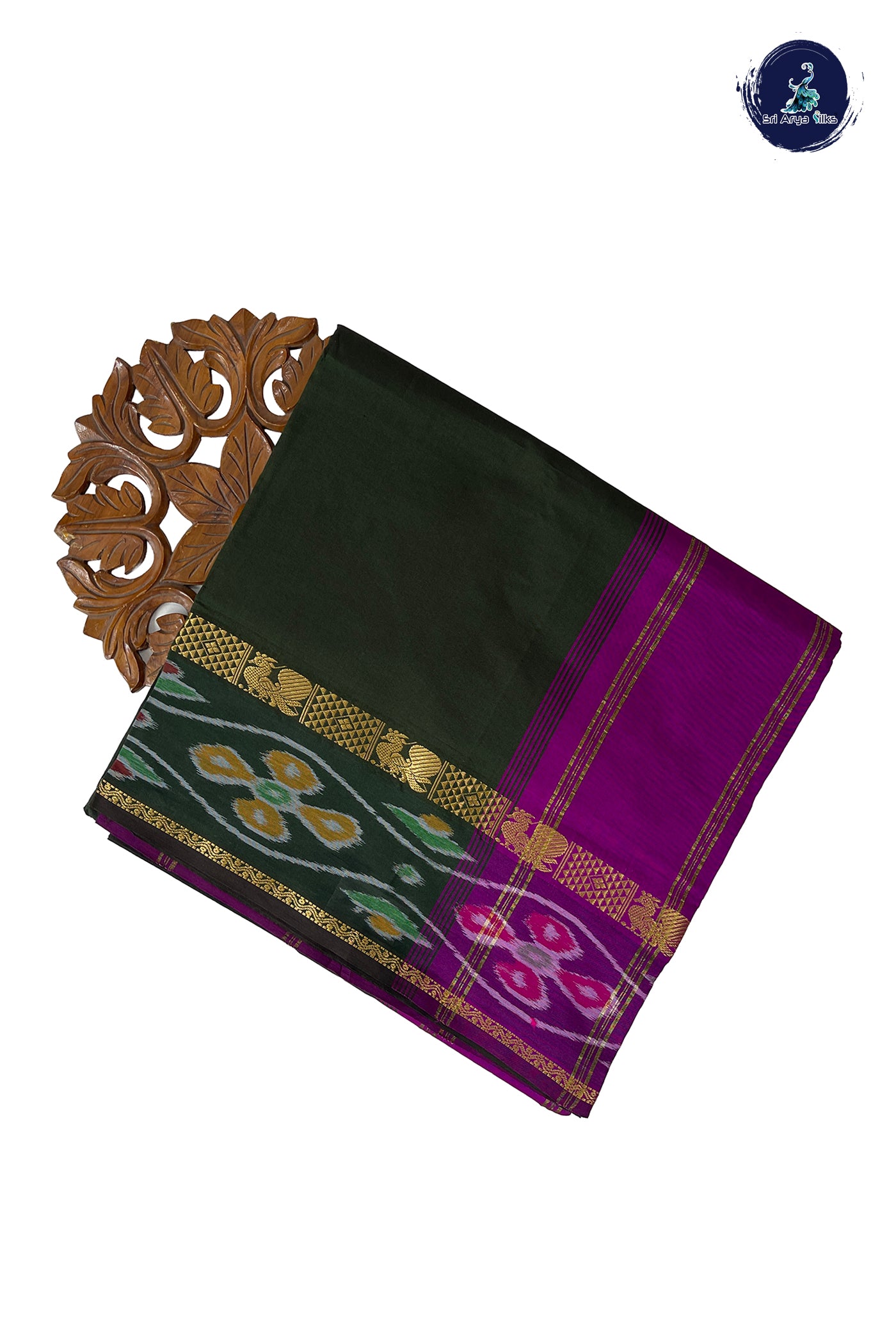 Dark Green Half Pure Madisar Silk Cotton Saree With Plain Pattern