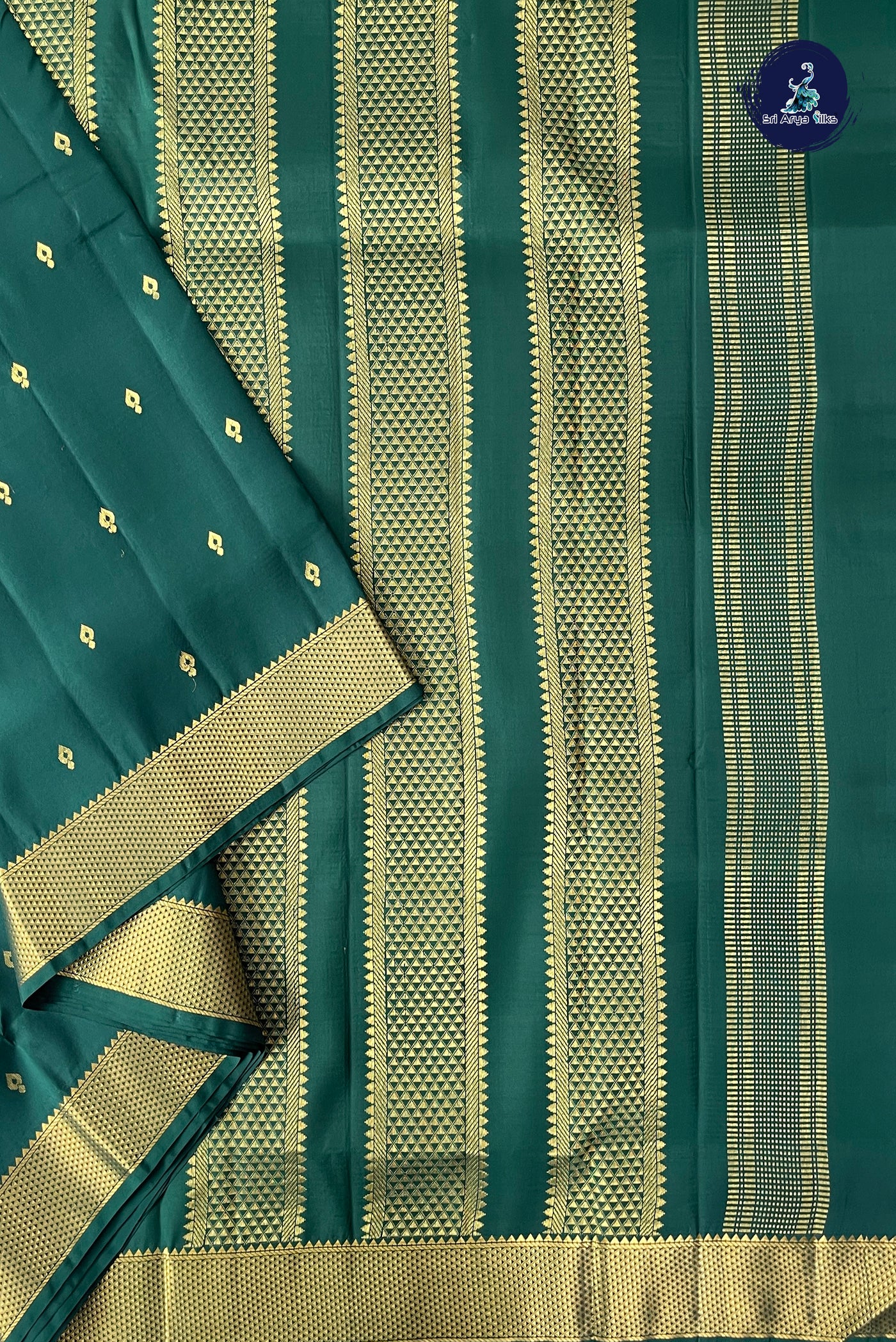Bottle Green Madisar 10 Yards Silk Saree With Zari Buttas Pattern