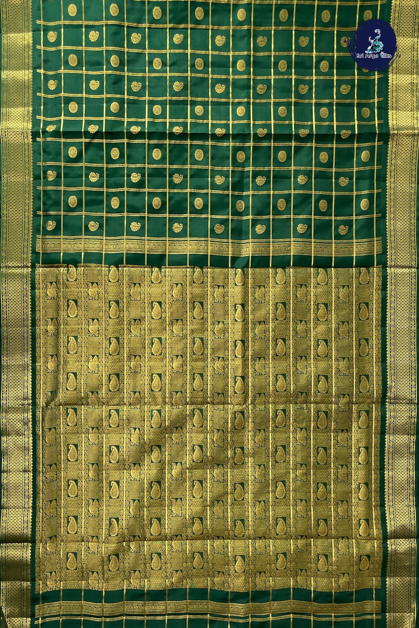 Bottle Green Madisar 10 Yards Silk Saree With Zari Checked Pattern