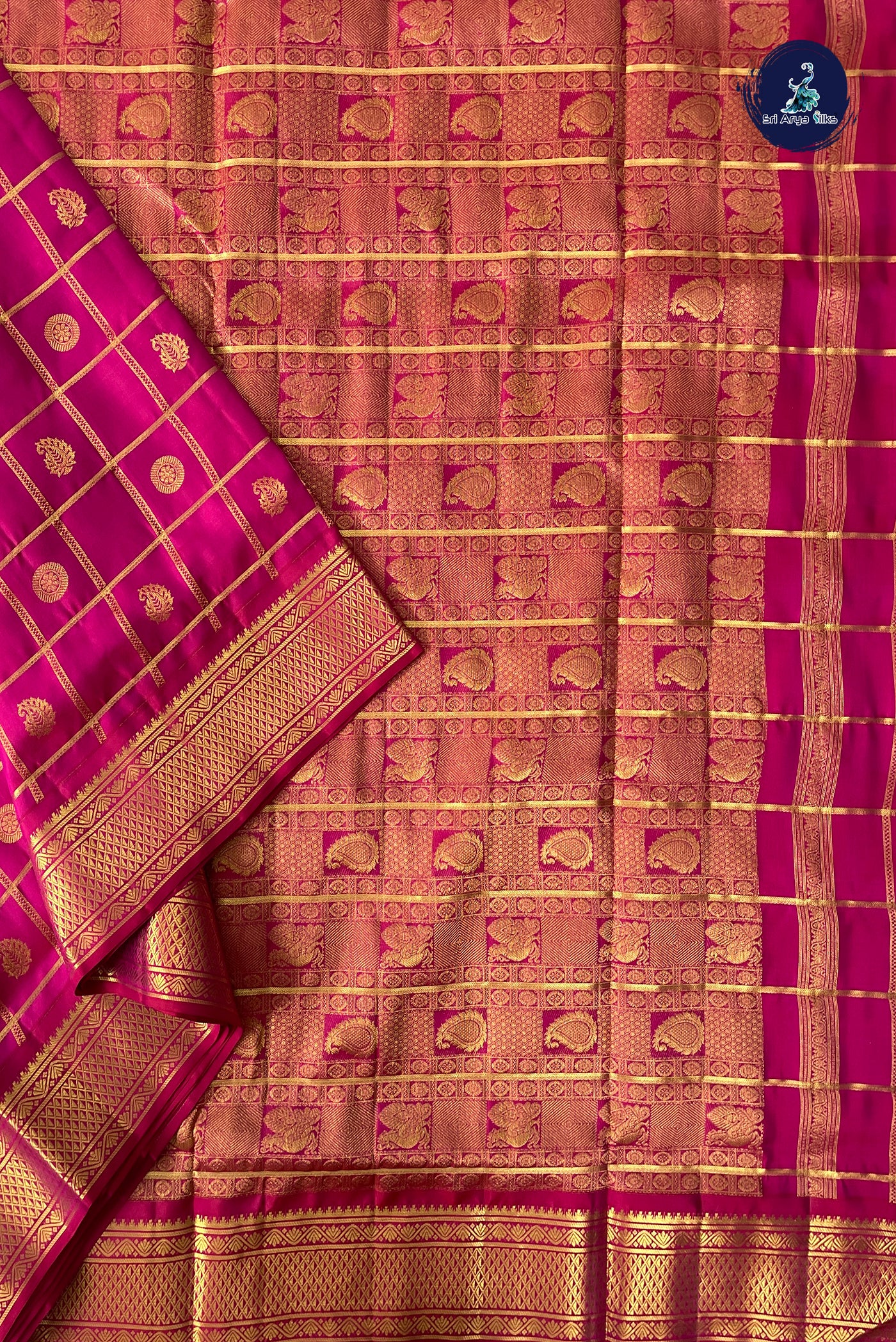 Rani Pink Madisar 10 Yards Silk Saree With Zari Checked Pattern