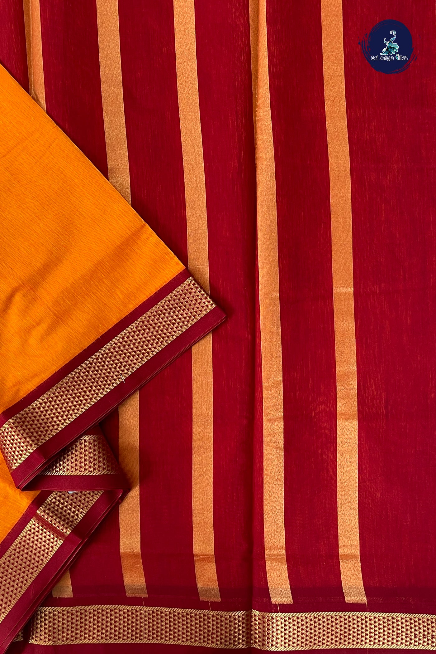 Yellowish Orange Madisar Semi Silk Cotton Saree With Plain Pattern
